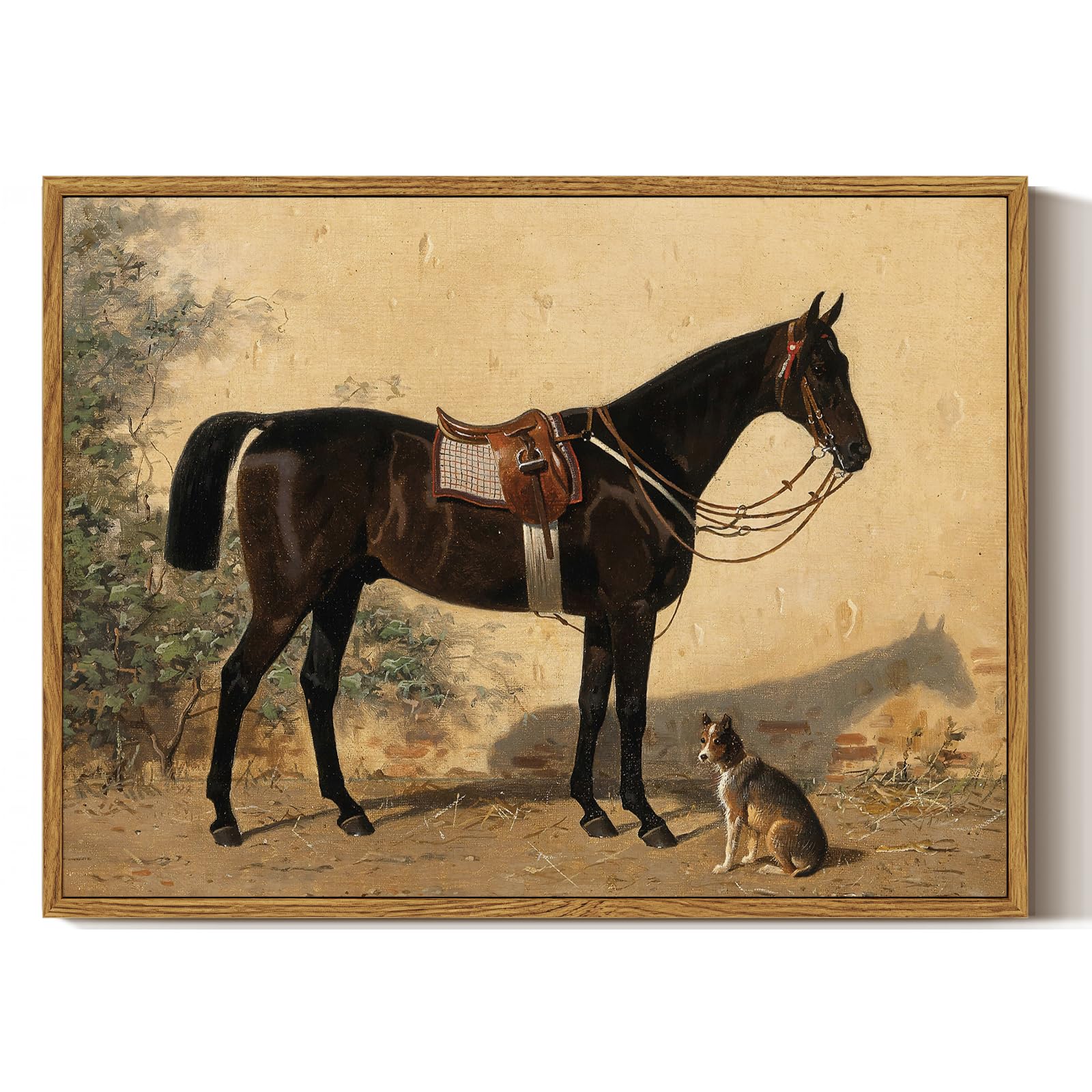ARPEOTCY Framed Canvas Horse Wall Art, Classical Horse and Dog Art Print for Home Decor, Rustic Farmhouse Country Shelf Wall Decor for Living Room, Bedroom Office, Aesthetic, 12x16 inch