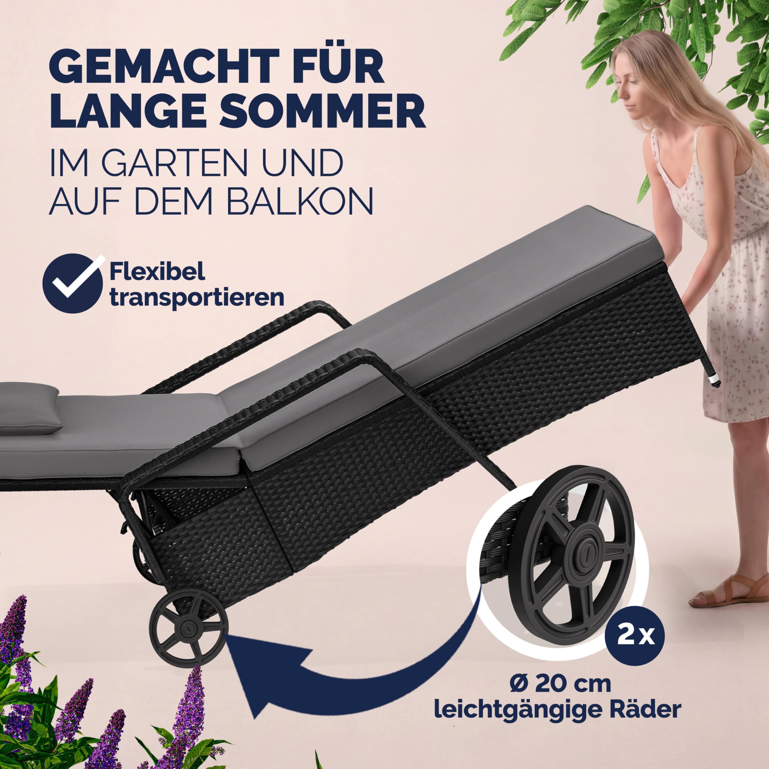 Casaria® Sonnenliege 2er Set mit Rollen 7cm Auflage Extra Breit 90cm Gartenliege Wetterfest 165kg Belastbar Terrasse Balkonmöbel Liegestuhl Schwarz Anthrazit