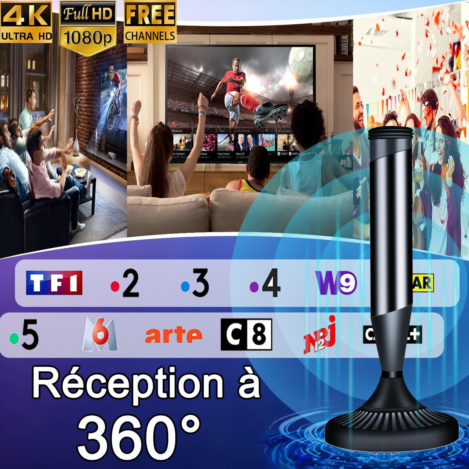 Antenne TV Intérieur Puissante avec Base Magnétique et Amplificateur, Compatible 4K 1080P pour Toutes Les Chaînes Gratuites TNT, Câble Coaxial 5m (Black-410)