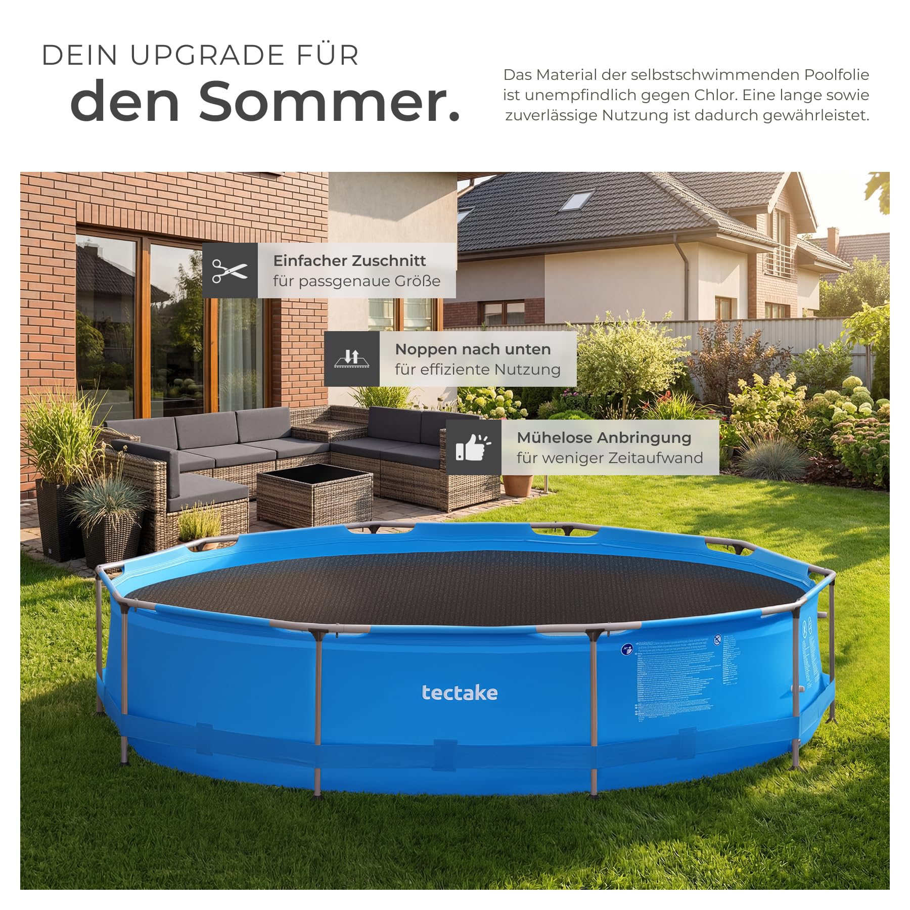 tectake® Poolabdeckung rund Ø 300 cm, 110 µm Stärke, zuschneidbar, selbstschwimmend, schützt Wasser, Solarfolie, Schwimmbadabdeckung, Poolabdeckplane, Poolschutz, Poolabdeckungen - schwarz
