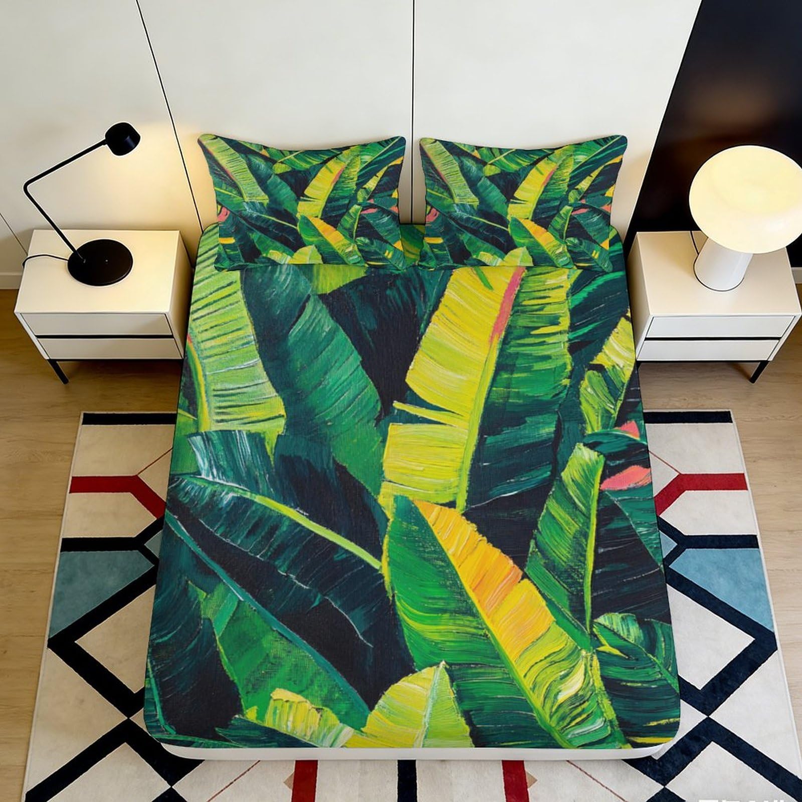 3D Printed Tropical Banana Leaf Fitted Sheet Microfiber Green Botanical Mattress Cover Bedroom Decor for Adults Teens 90x200x25cm