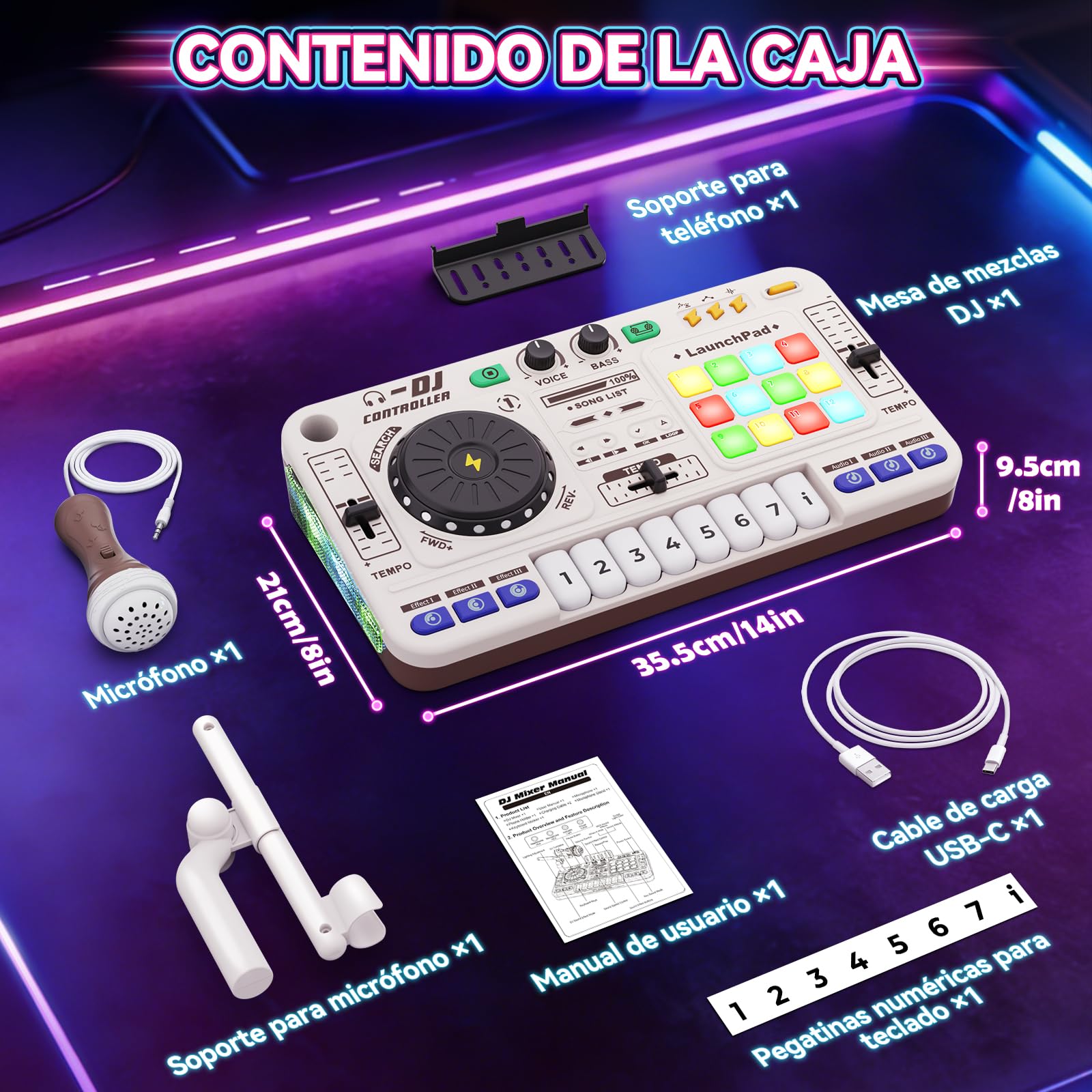 Mesa de mezclas DJ para niños, controlador DJ, mesa DJ, DJ mixer con función de grabación, 100+ efectos de sonido, plato DJ realista y pads de batería, regalo para niños y niñas 3-11 años, Blanco