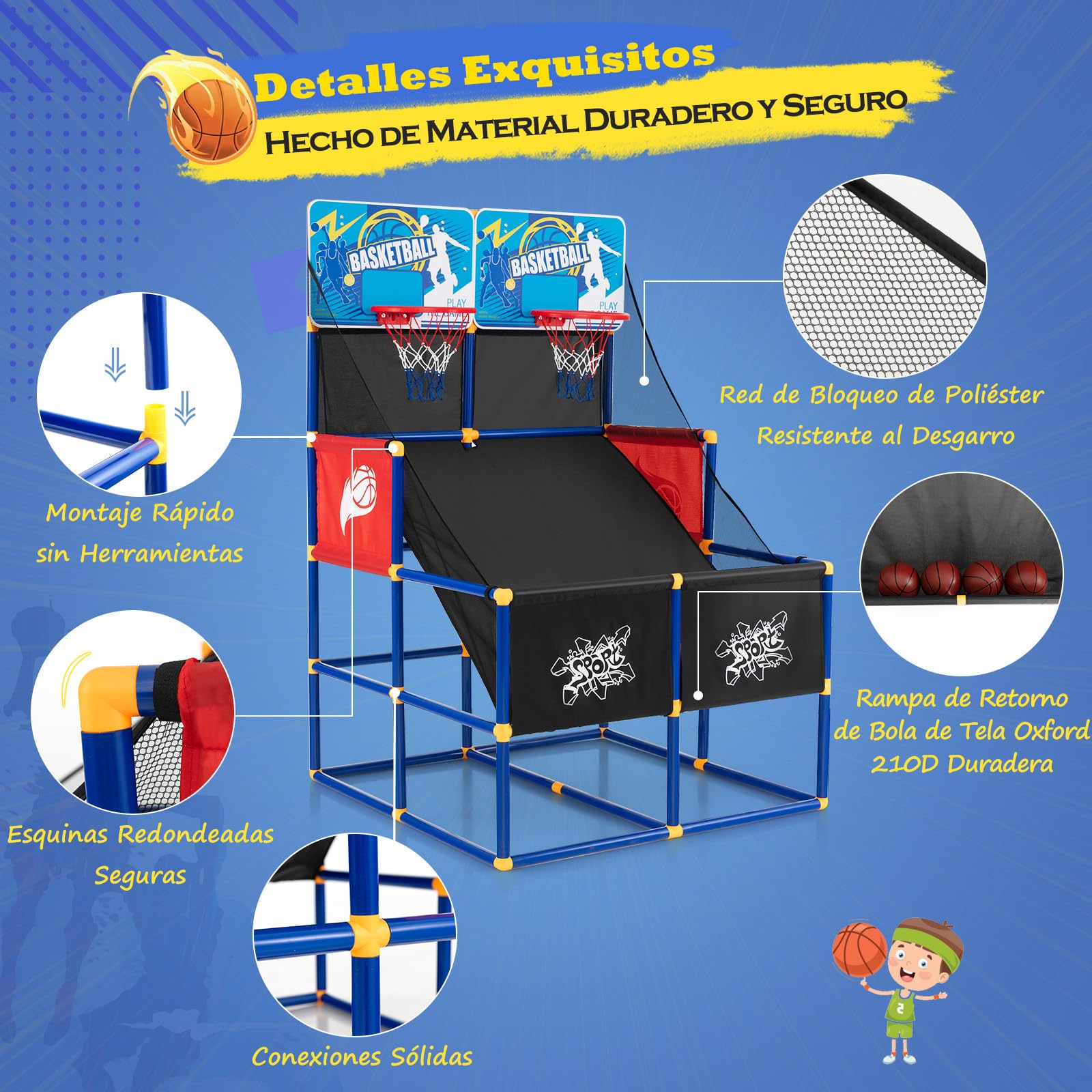 GYMAX Niños Arcade - Canasta de Baloncesto con Soporte, Juego de Baloncesto para 2 Jugadores, Incluye 2 Cestas, 4 Bolas, Bomba, Aro de Baloncesto para Interior
