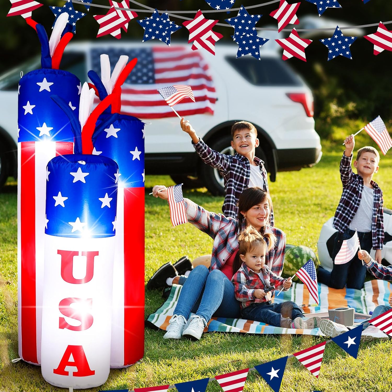 VIHOSE 4 ft 4th of July Inflatables Decoration 250th Birthday Patriotic Blow up Firecracker Independence Inflatable with Build-in LED for Party Indoor Outdoor Lawn Garden Decor