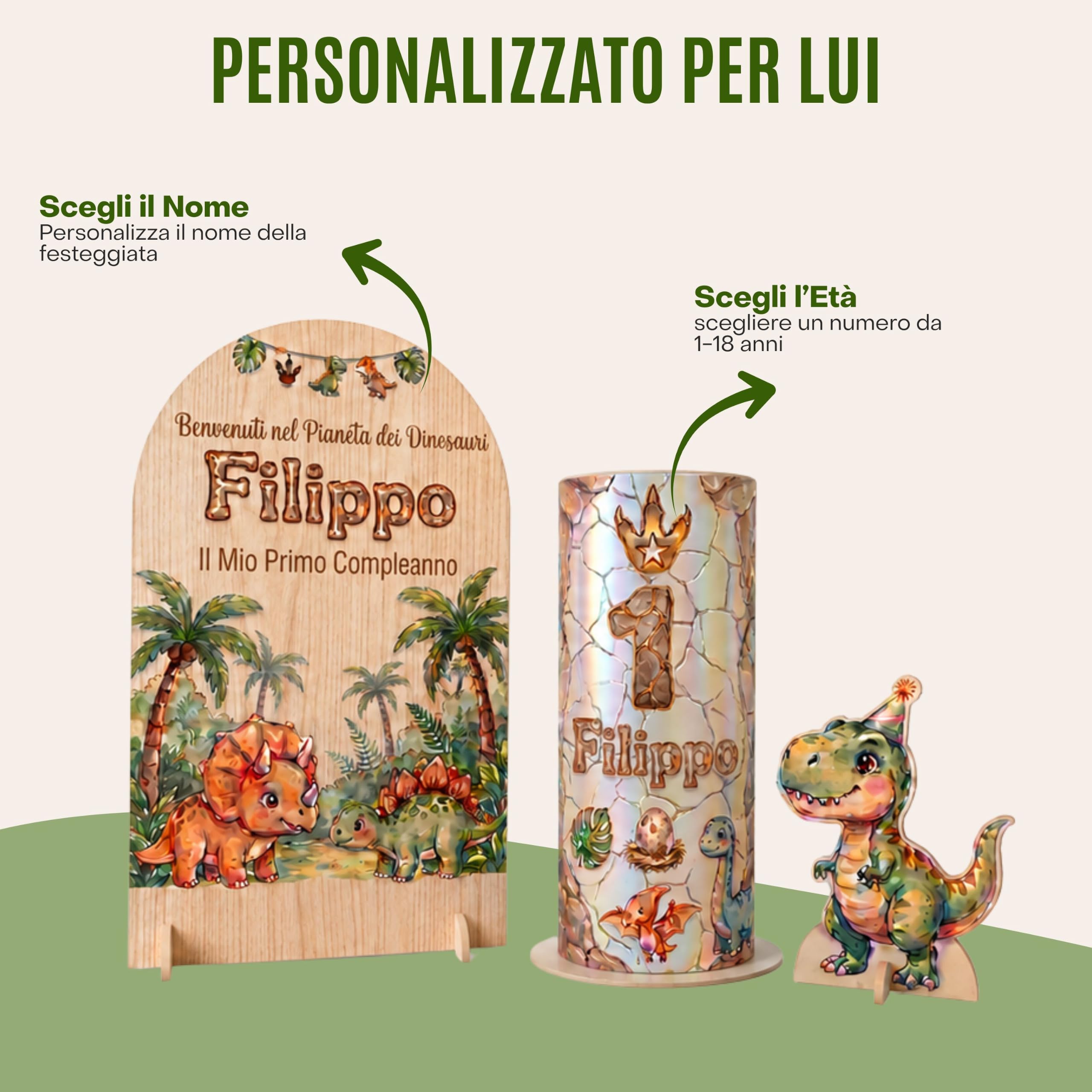 Espositore Dinosauri Compleanno Personalizzabile con Nome ed Età - Set 3 Pezzi - Pannello ad Arco, Torta Scenografica e Statuina - Addobbo Festa Bambini - 90x170cm | Con Nome e Età, Tema Castello, Per Bambine, Set Decorazioni Festa, Personaggi Fatati