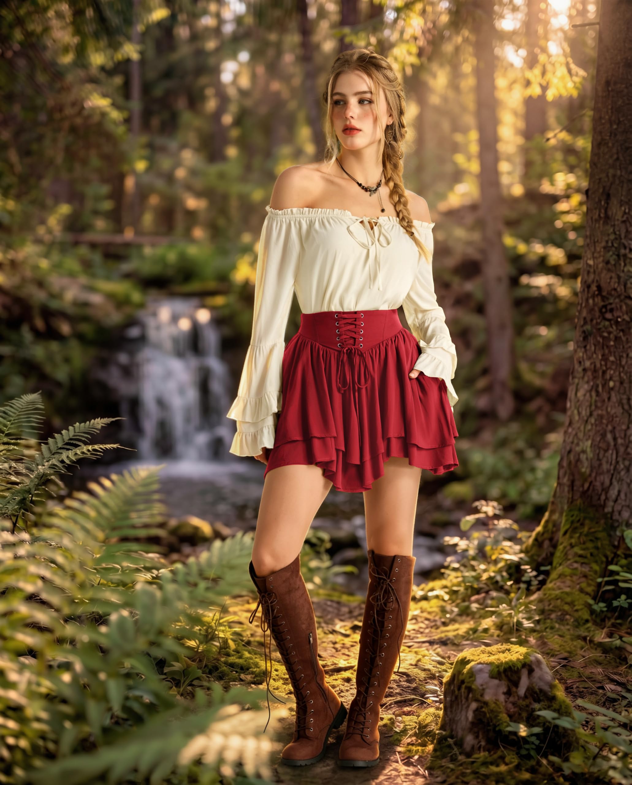 SCARLET DARKNESS Mini jupe asymétrique à volants taille haute pirate à lacets