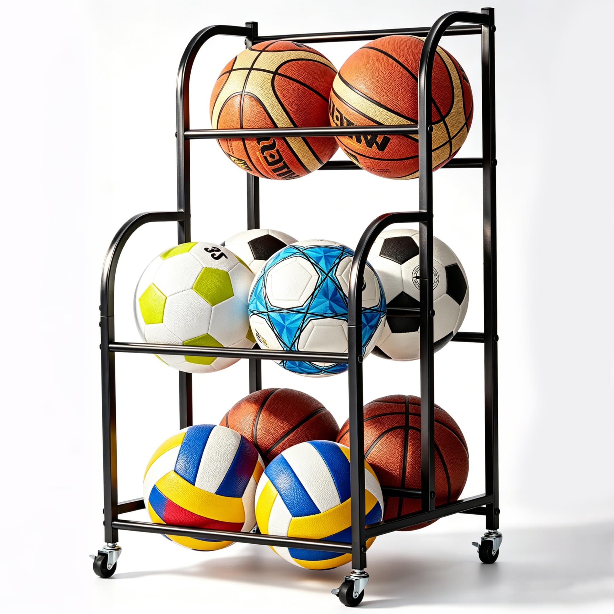 ShelfElites Basketball Rack with Wheels - Space-Saving Vertical Ball Storage for Basketball, Football, Soccer, Rolling Ball Rack for Garage & Outdoor, Heavy-Duty Ball Holder Organizer