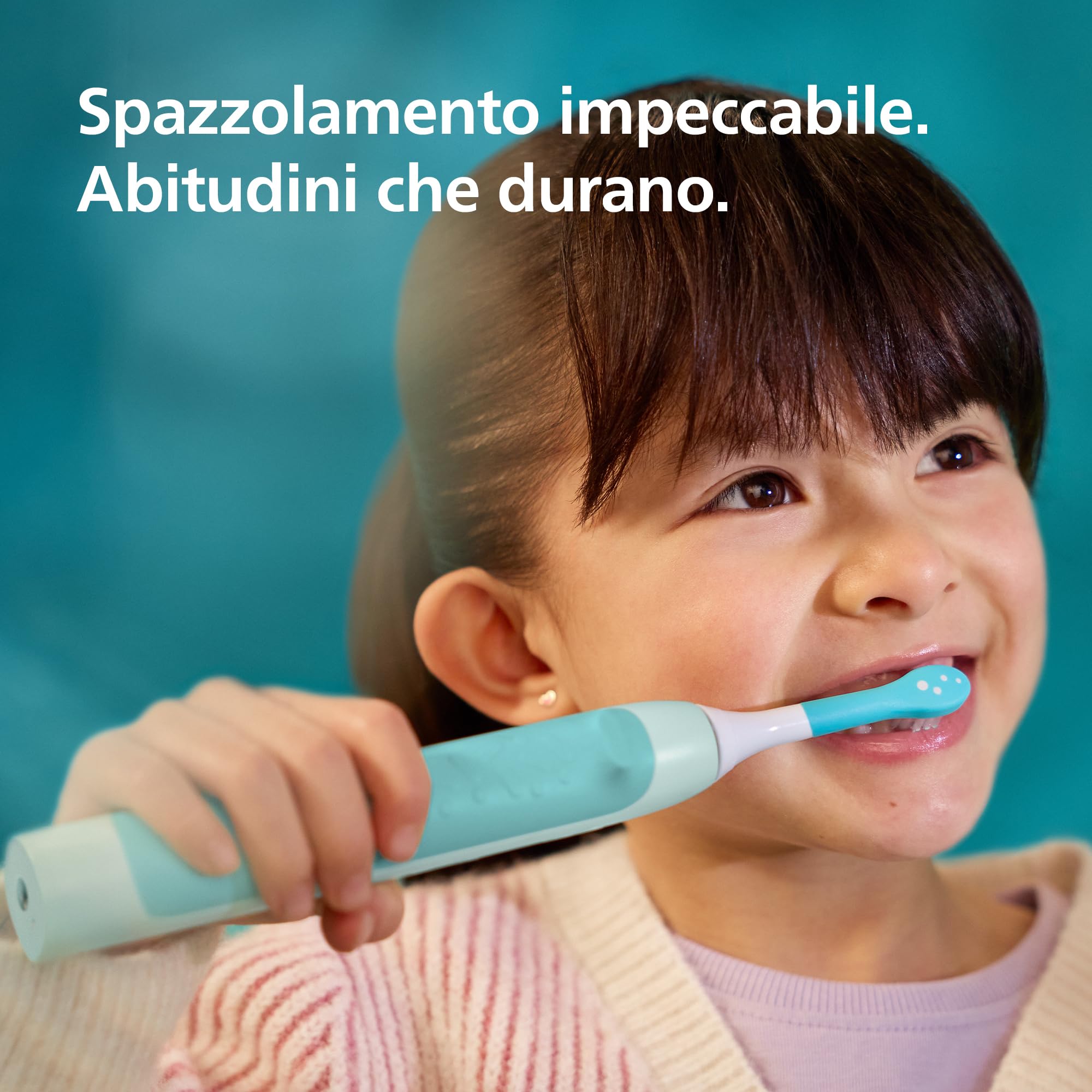 Spazzolino elettrico Philips Sonicare for Kids - Spazzolino sonico per bambini dai 3 anni in su, 2 modalità delicate, timer con audio da 2 minuti, 2 testine mini, verde acqua, modello HX6500/23