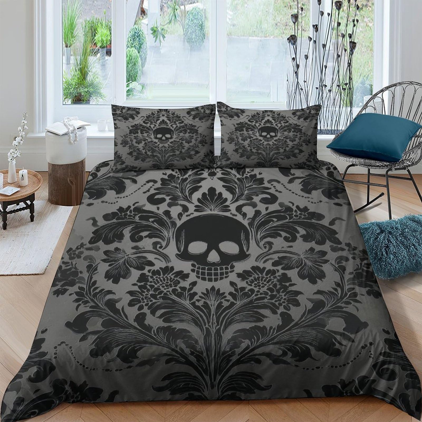 Ctjqhvkz Style-1 3D Printed Gothic Skull Fitted Sheet Microfiber Soft Black Damask Bed Cover For Bedroom Dorm Mattress Decor Single（135X200cm）