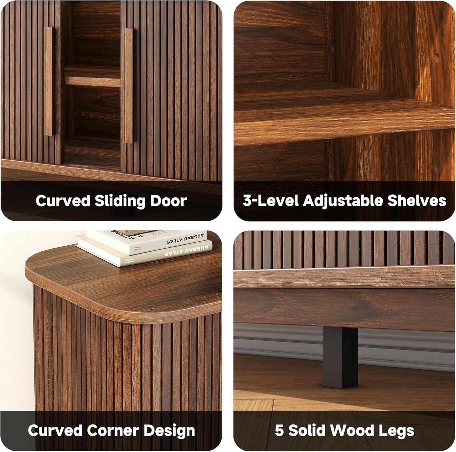 66" TV Stand for 80 Inch TV, Modern Entertainment Center with Storage Cabinet and Adjustable Shelves, Mid-Century Wood Curved TV Media Console with Sliding Doors for Living Room, Bedroom, Walnut