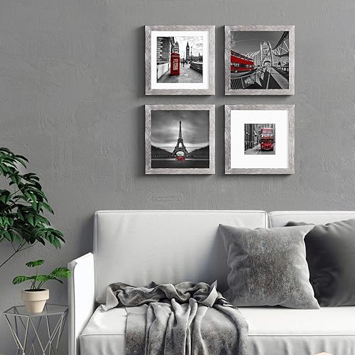 Miniatura 10 de Marcos de fotos rústicos de 8 x 8 pulgadas, hechos de madera maciza con 2 paspartús, imágenes de 6 x 6 o 4 x 4 con paspartú u 8 x 8 pulgadas sin