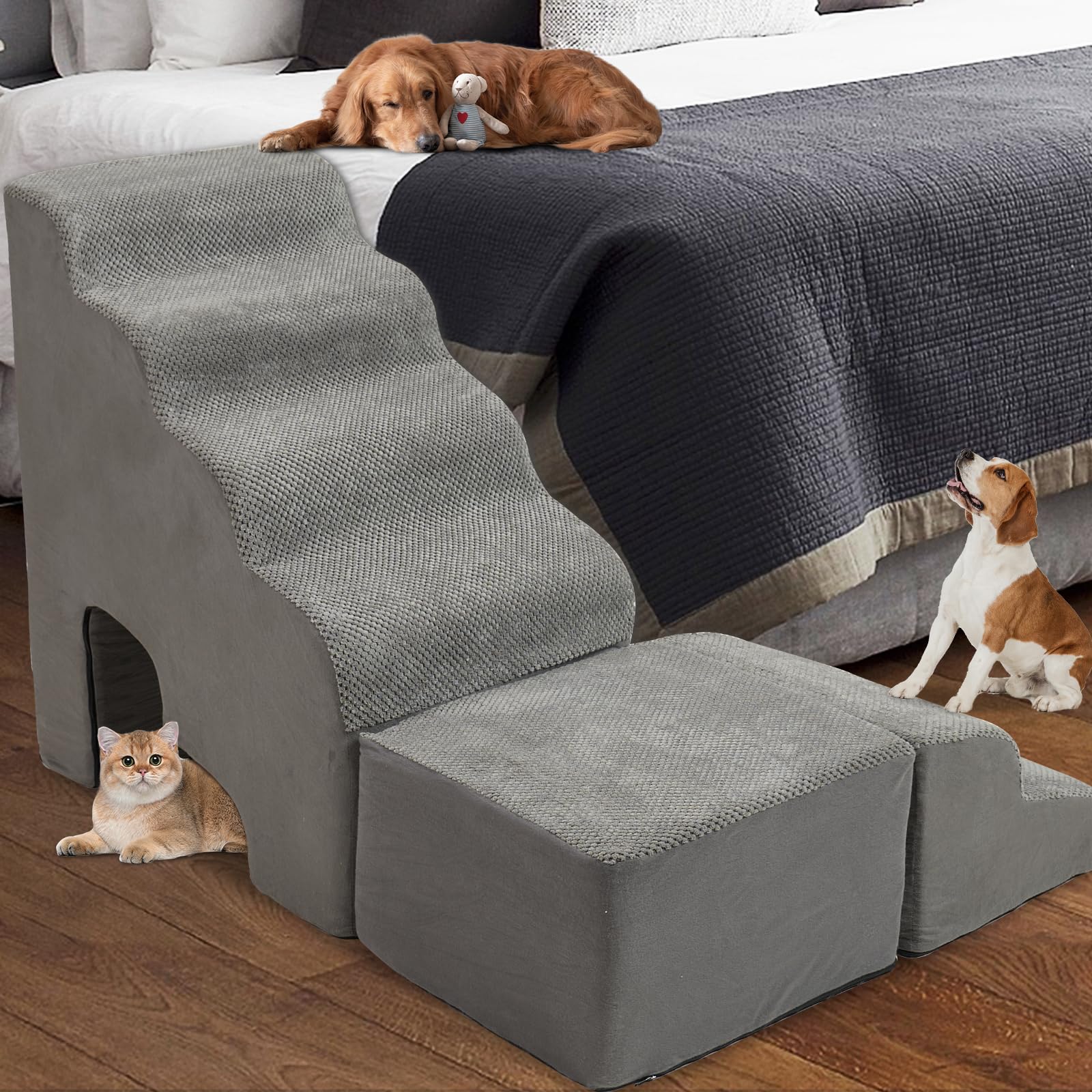 Dog Stairs for High Beds, A.FATI 6 Tiers Dog Steps for Beds up to 30-36inch, Pet Stairs Adjust to Either Side of Bed, Non-Slip Dog Ramp for Small Dogs/Old Pets