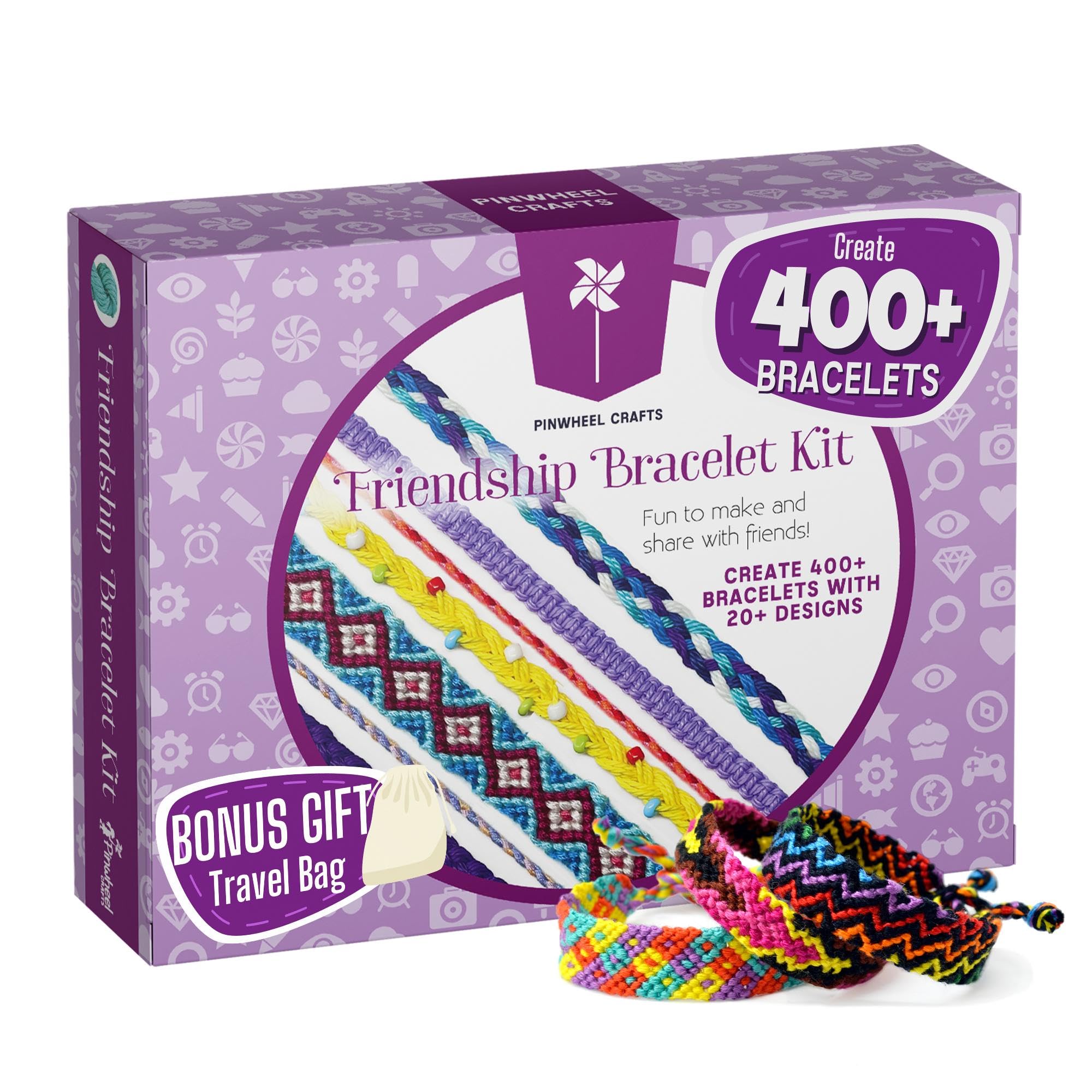 Pinwheel Crafts Friendship Bracelet Kit – DIY String Bracelet Making Kit for Girls 8-12 – 100 Floss, Colored/Metal Beads, Braiding Clip, Design Book – Jewelry Making Set for Girls Gift