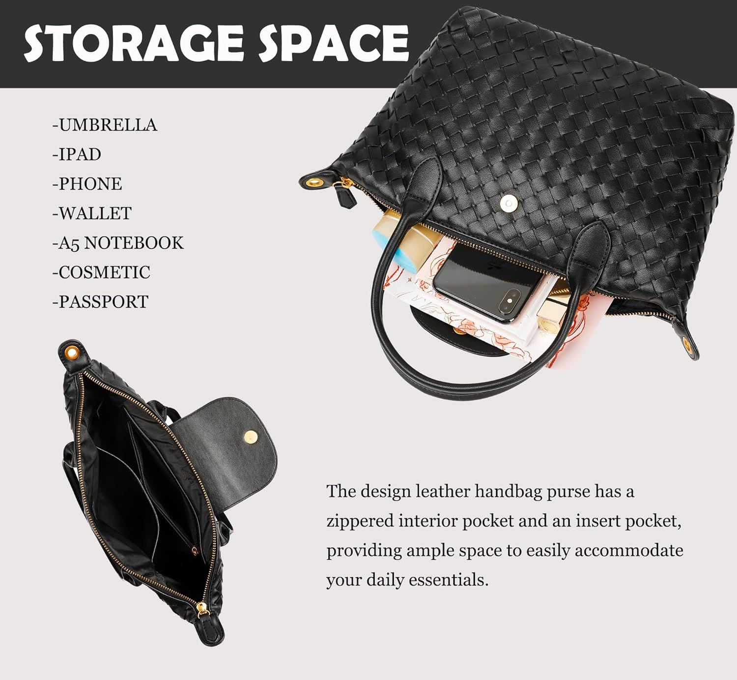 Vegan Leather Handbag, Top-Handle Shoulder Bag, Leather Crossbody Bag for Women, Woven Tote Purse - Image 5