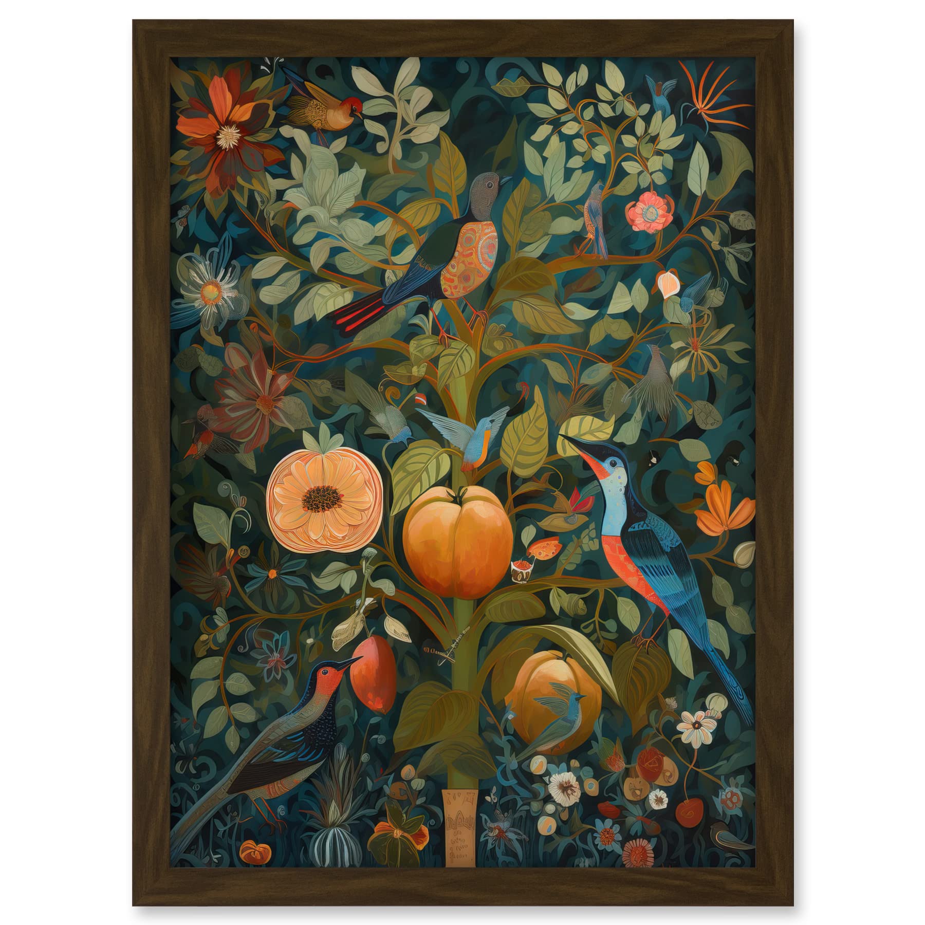 Artery8 Birds on Blooming Peach Tree in Modern Folk Art Artwork Framed A3 Wall Art Print