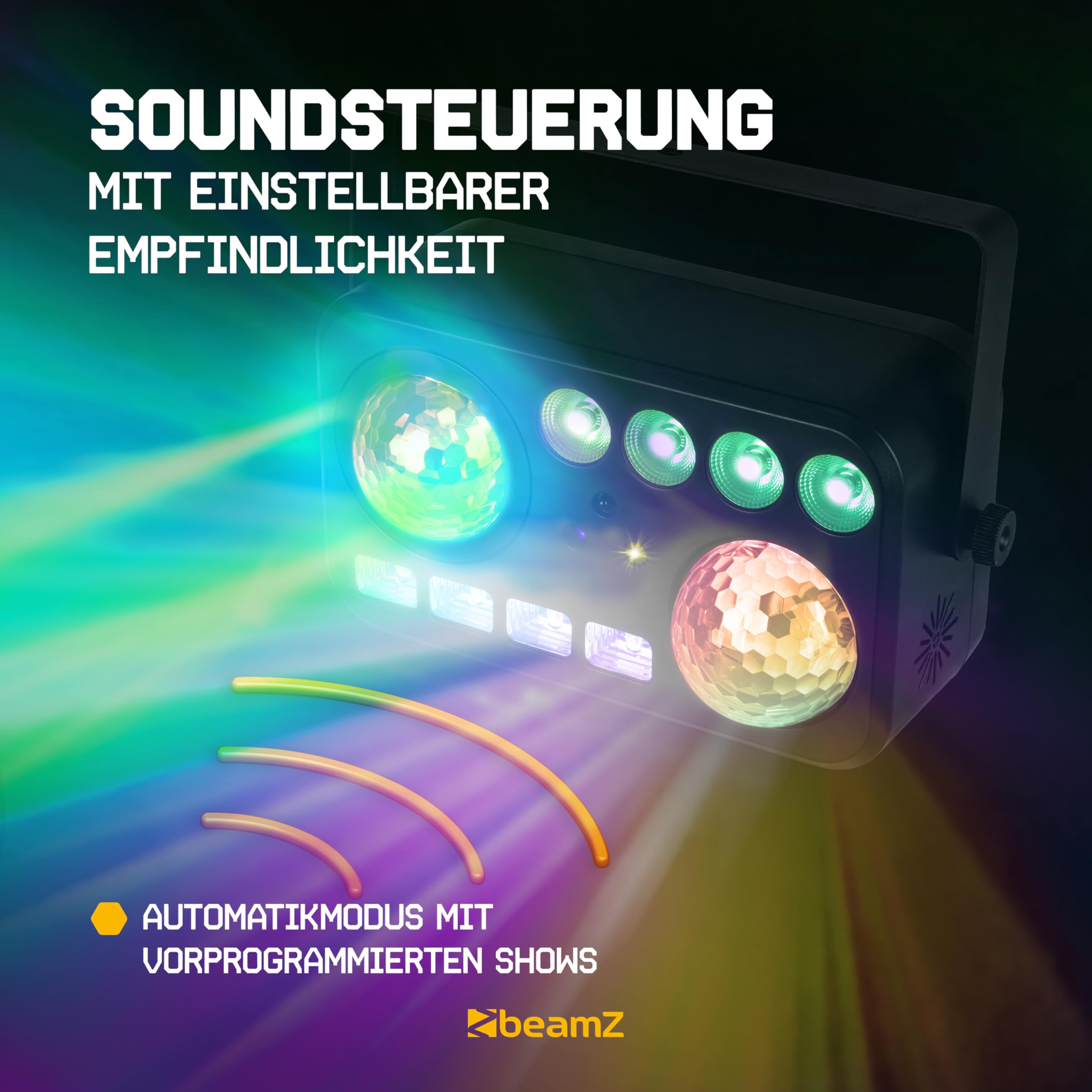 BeamZ Shimmer6 Discolicht Partylicht – 6-in-1 LED Effekt mit Jelly Ball, Welleneffekt, Stroboskop & UV – Musikgesteuert mit DMX & Fernbedienung, Bühnenbeleuchtung für Disco & Partys