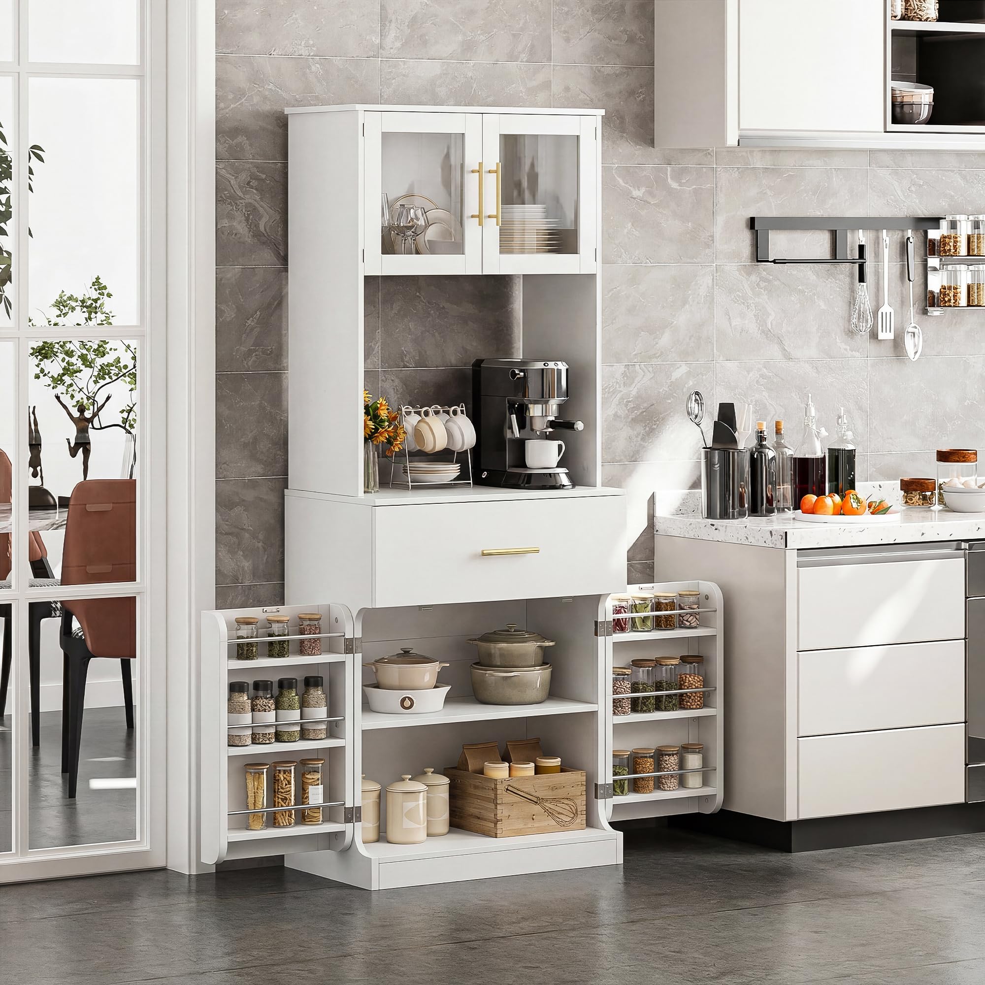 YITAHOME Küchenschrank Hochschrank, 180 cm Vorratsschrank mit Glastüren, Schublade, Seitlichen Türregalen, Verstellbaren Einlegeböden, Buffetschrank Mehrzweckschrank, Weiß