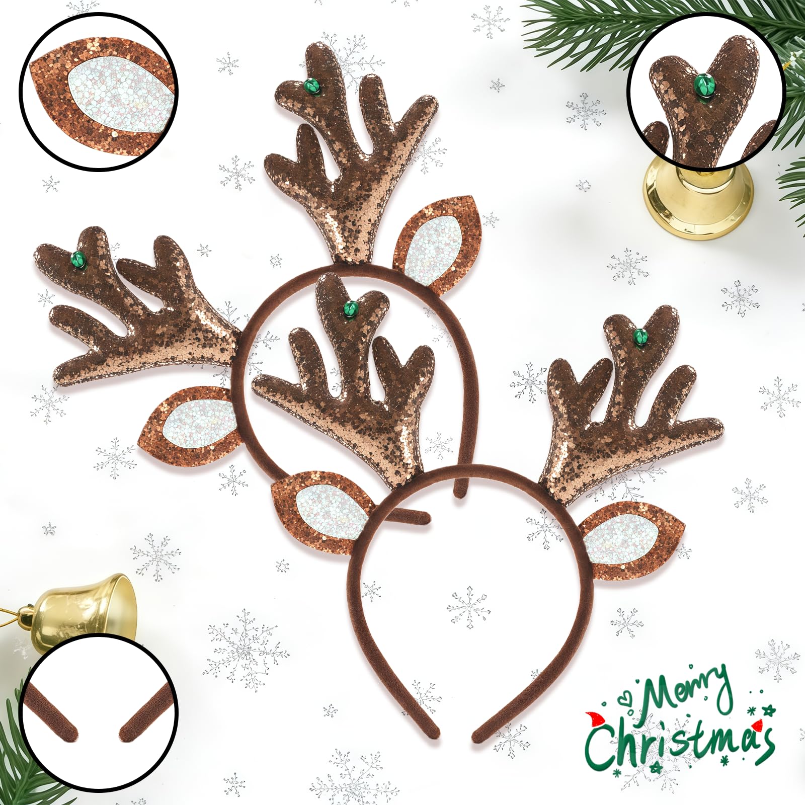 AOVNA 2pcs Christmas Antlers Headband Glitter Christmas Elk Antlers Headbands Cute Reindeer Headband for Holiday Parties and Festive Events - Image 3