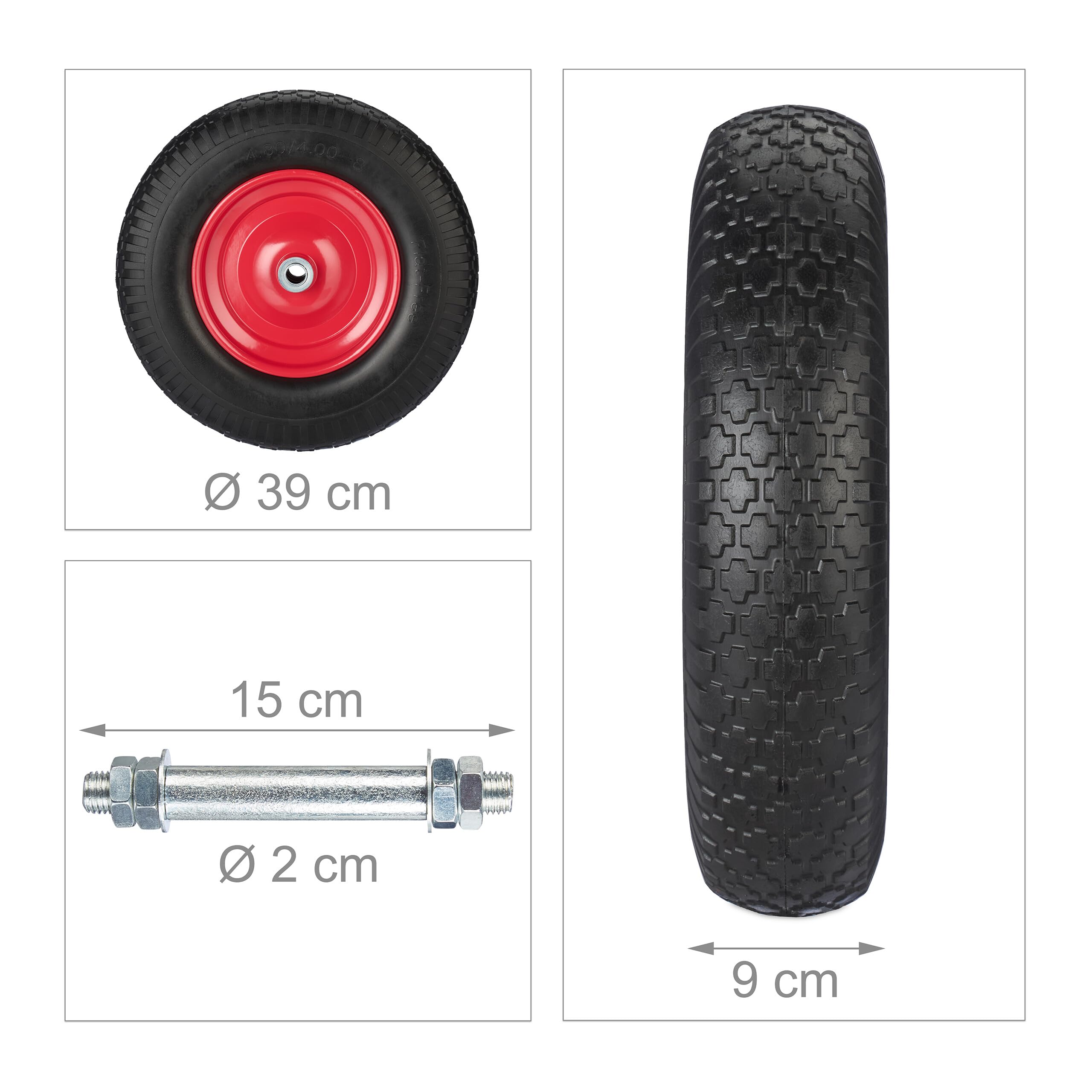 Relaxdays Ruota per Carriola 4.00-8, Gomma Piena con ASSE, Ruotino Scorta Portapacchi, Antiforatura, 100 kg, Nero Rosso