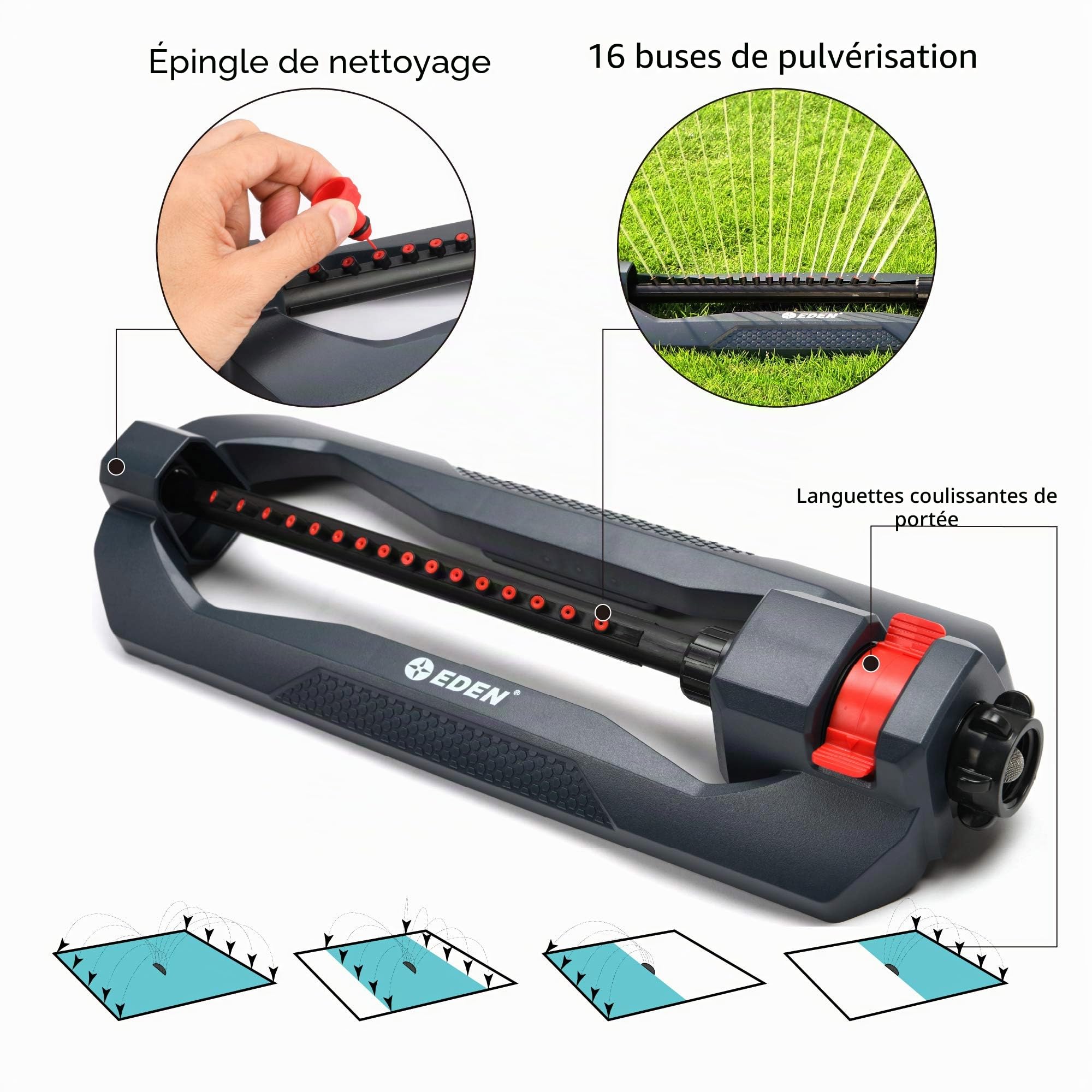 Eden 96213 Lawn & Garden Essential Arroseur d'eau oscillant pour Cour avec kit de démarrage à Connexion Rapide, Couvre jusqu'à 3 600 m², Base Lourde