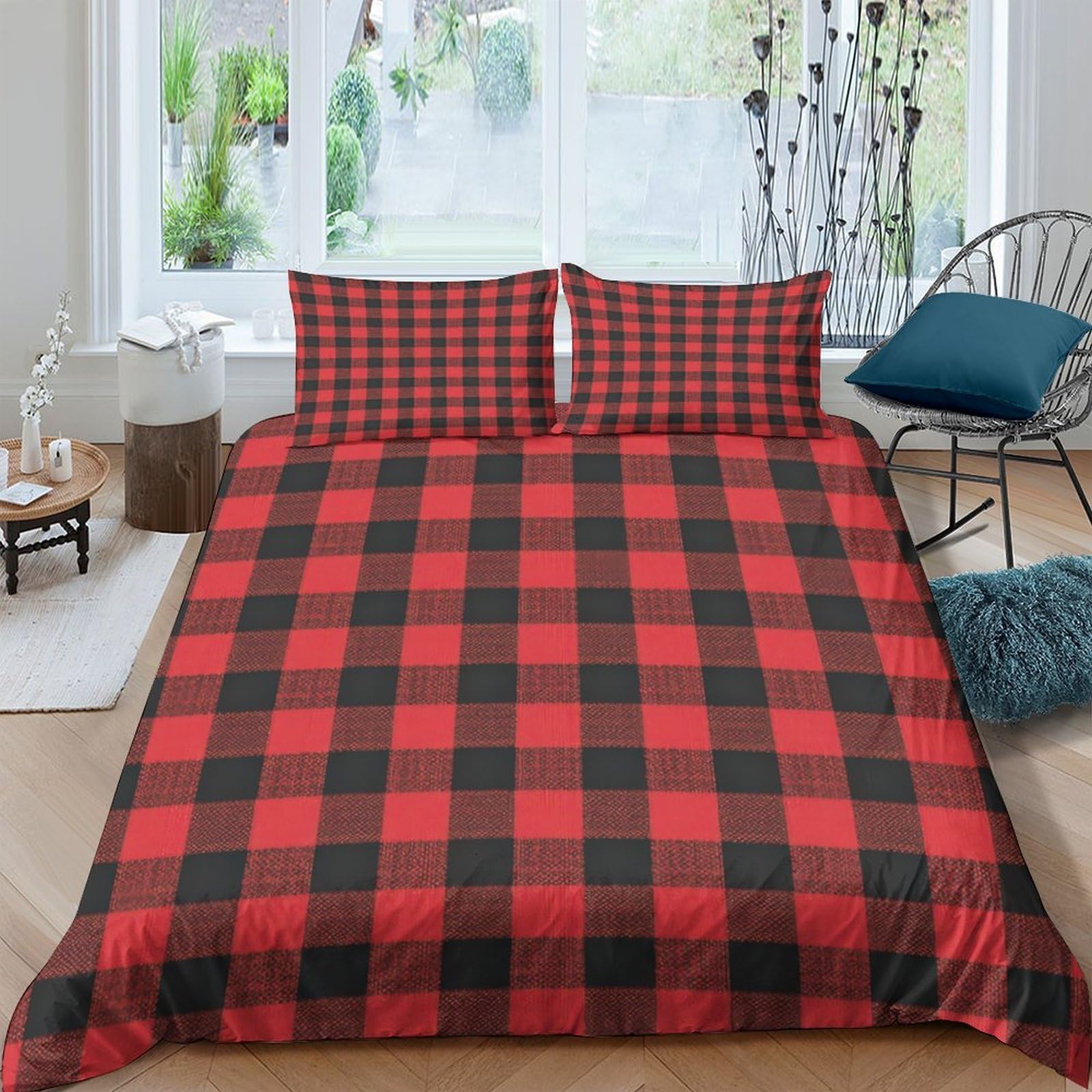 TUFRTGYHN 3D Printed Red Black Plaid Duvet Cover Microfiber Soft Breathable Checkered Bedding Set with 2 Pillowcases for Bedroom Home Single（135x200cm）