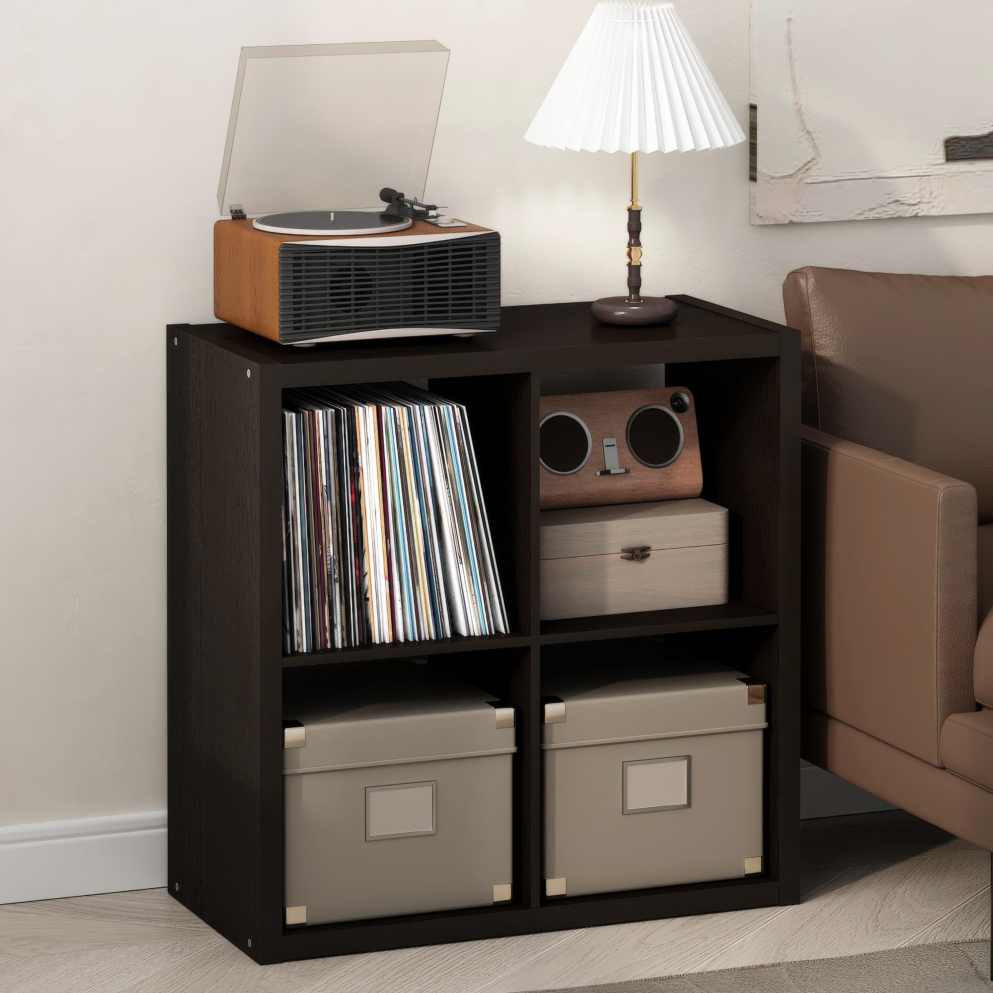 Furinno Cubicle Plattenspieler Regal mit Vinyl Aufbewahrung, 4-Würfel 1.2 Extra Dicke Vinyl Aufbewahrung, Medienregal für CD DVD Blueray Spiel Discs, 
