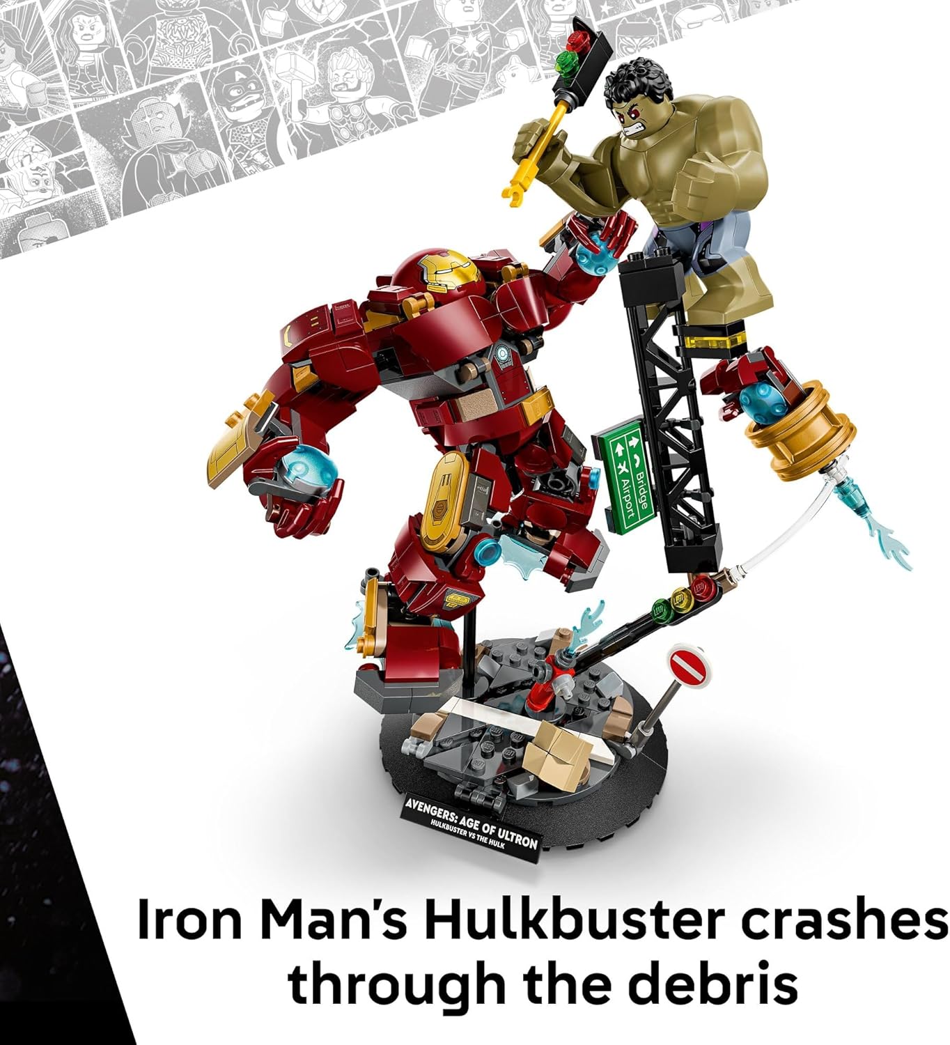 LEGO Hulkbuster crashing through debris with Hulk minifigure on a collapsing structure