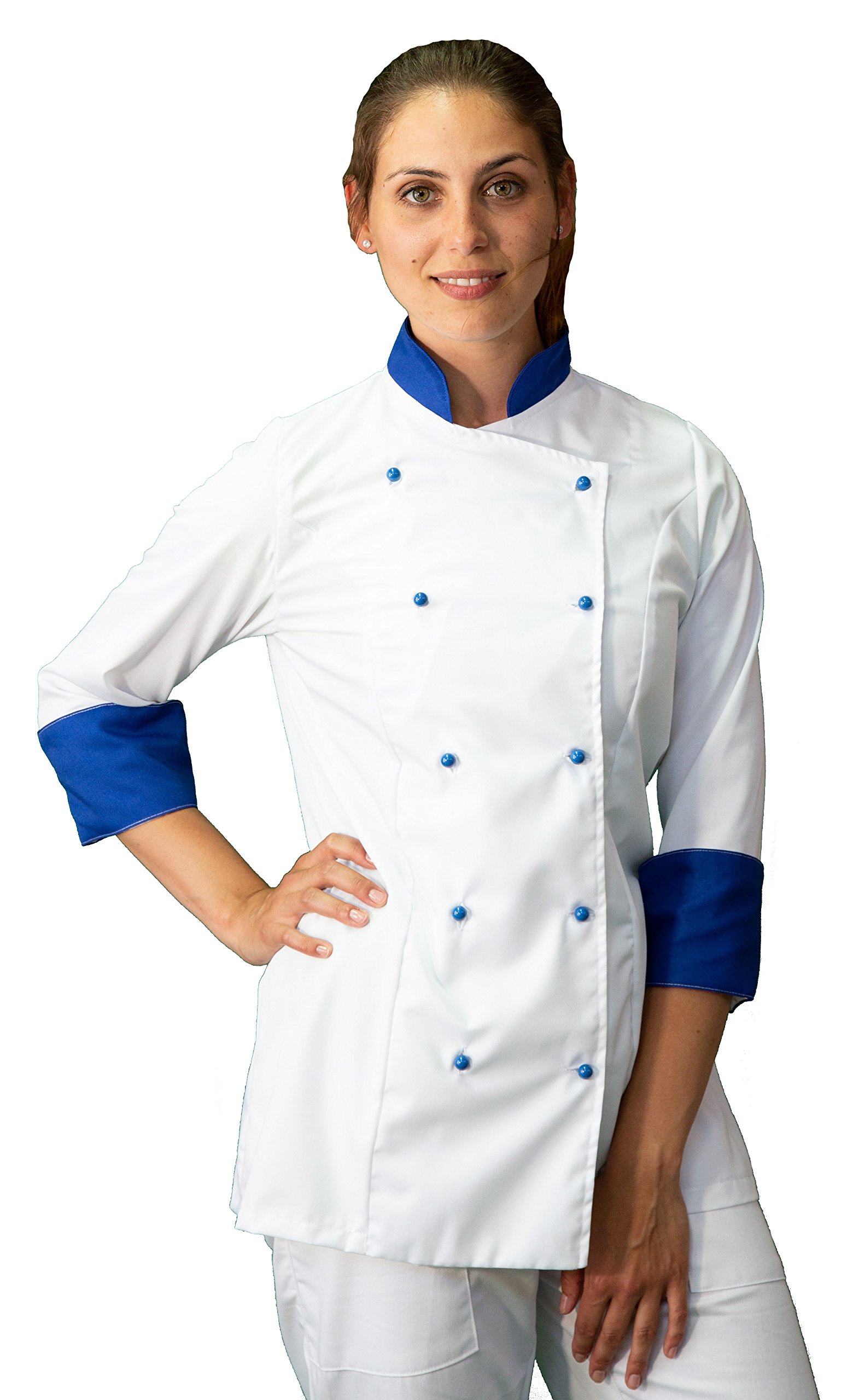 Ricamo Gratuito - Divisa Cuoco Donna - Bianca e Blu - Giacca, Pantalone e Grembiule - Completo per Cucina e Ristorante - Made in Italy