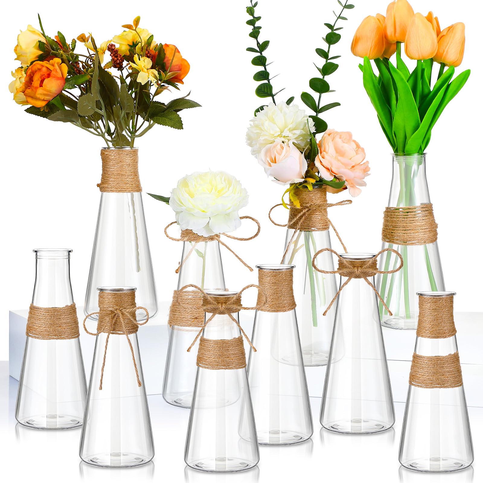 Baderke 12 Pcs Plastic Vases with 24 Ropes, Centerpieces Bulk Buds Wedding Decorations Mini Vintage Floral Vases for Home Tables Living Room Office Decoration Housewarming Gift(Conical)