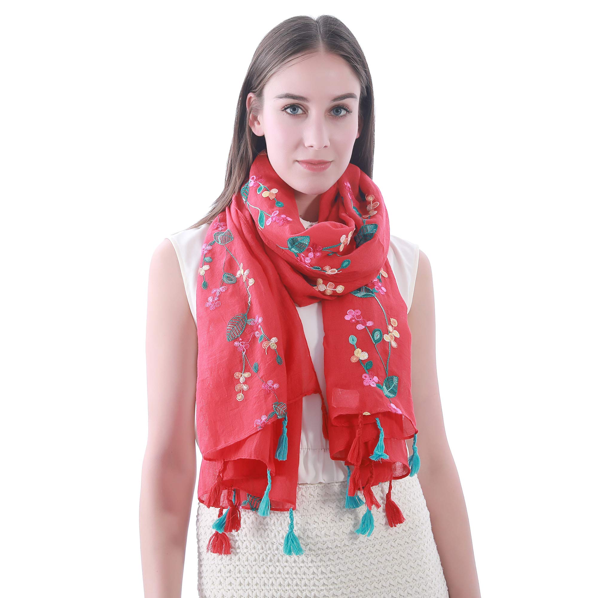 Lina & Lily Women's Red Embroide Floral Tassel Scarf Shawl Lightweight (Red)(Size: 180Cm X 90Cm)