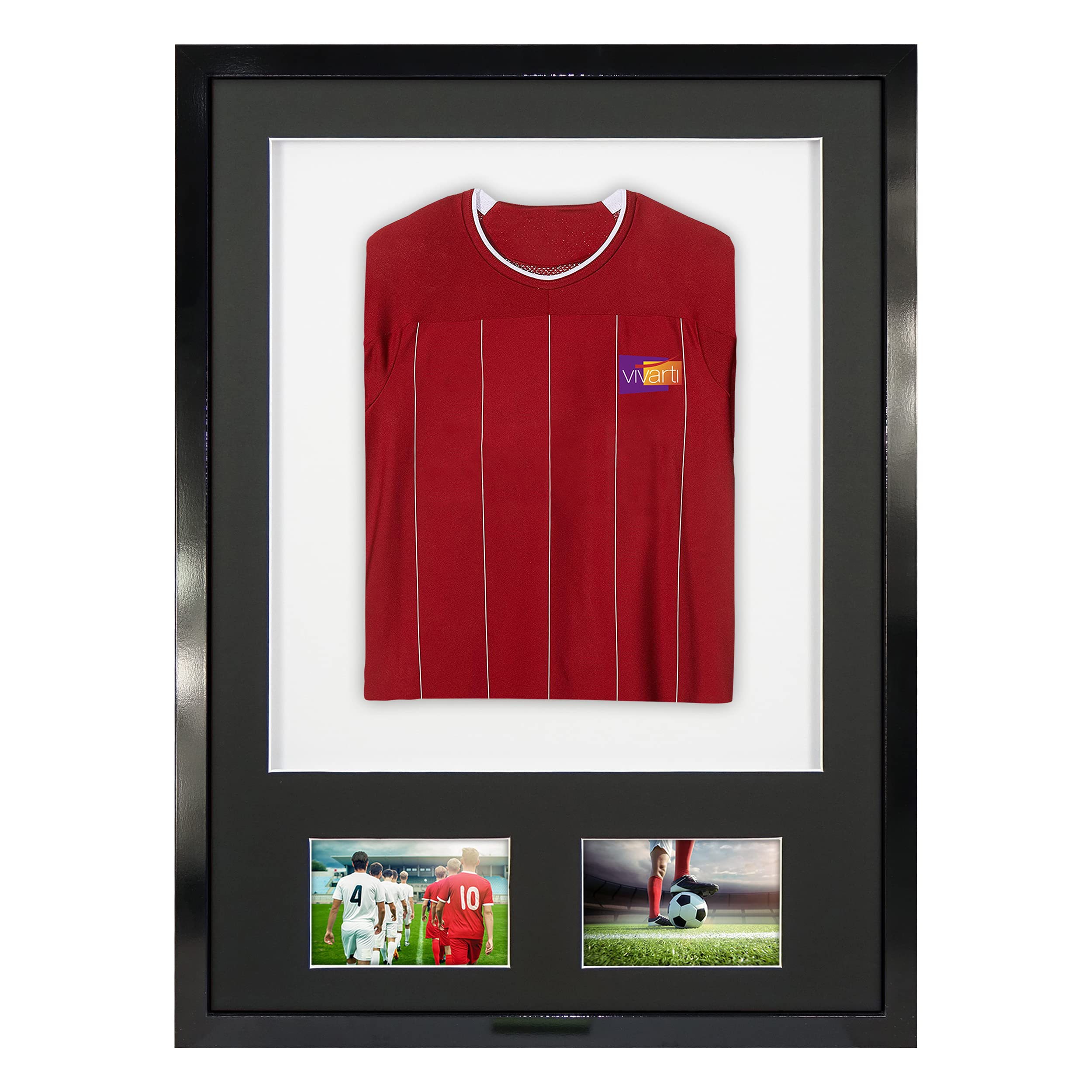 Vivarti DIY - Marco de visualización para camisa deportiva con doble apertura (50 x 70 cm), color negro brillante, soporte negro, tarjeta de respaldo blanca