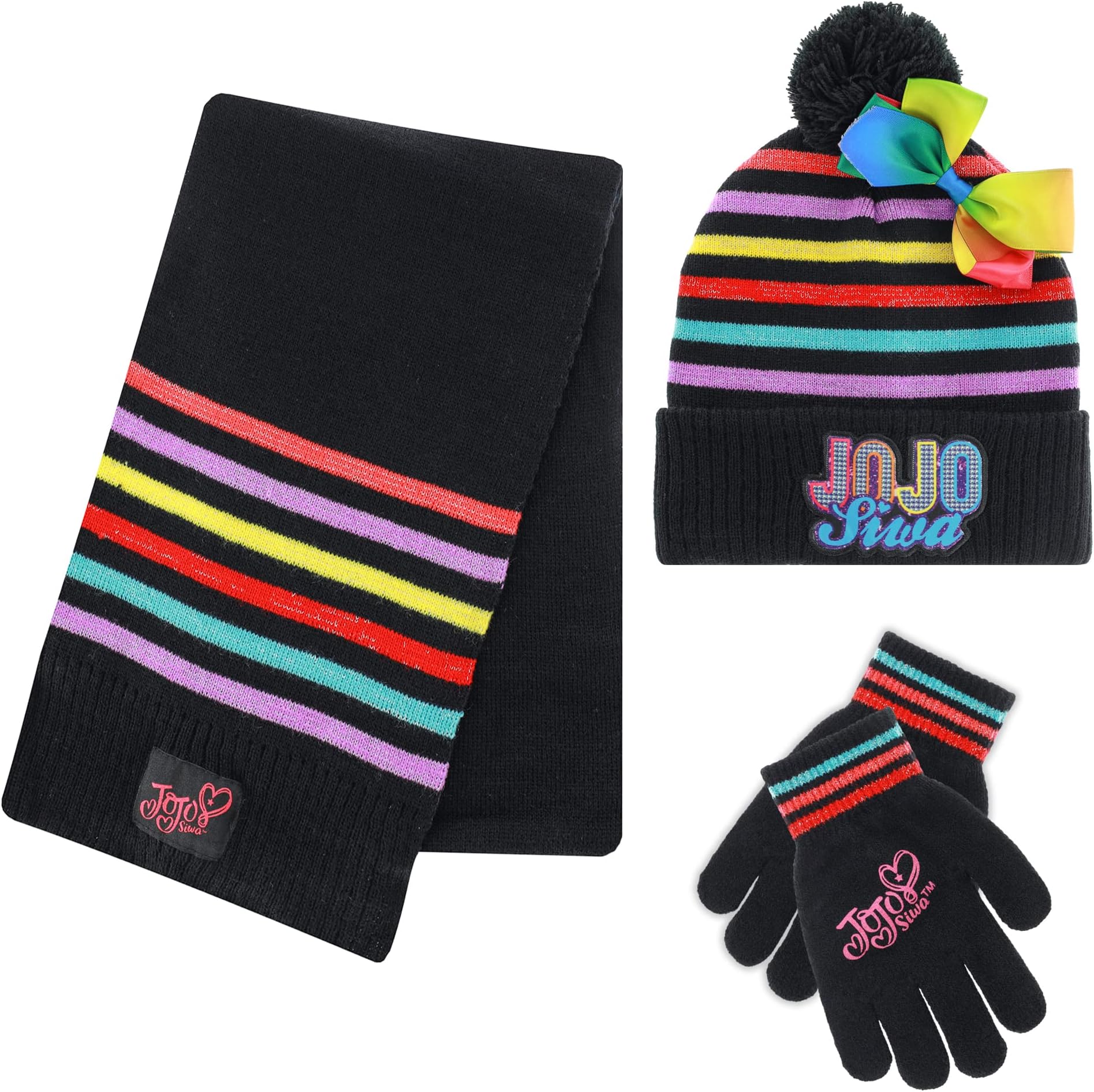 NickelodeonJoJo Siwa Kid’s Winter Hat, Scarf, and Snow Gloves, 3 Pc. Set, Soft and Warm Pom-Pom Beanie with Big Bow