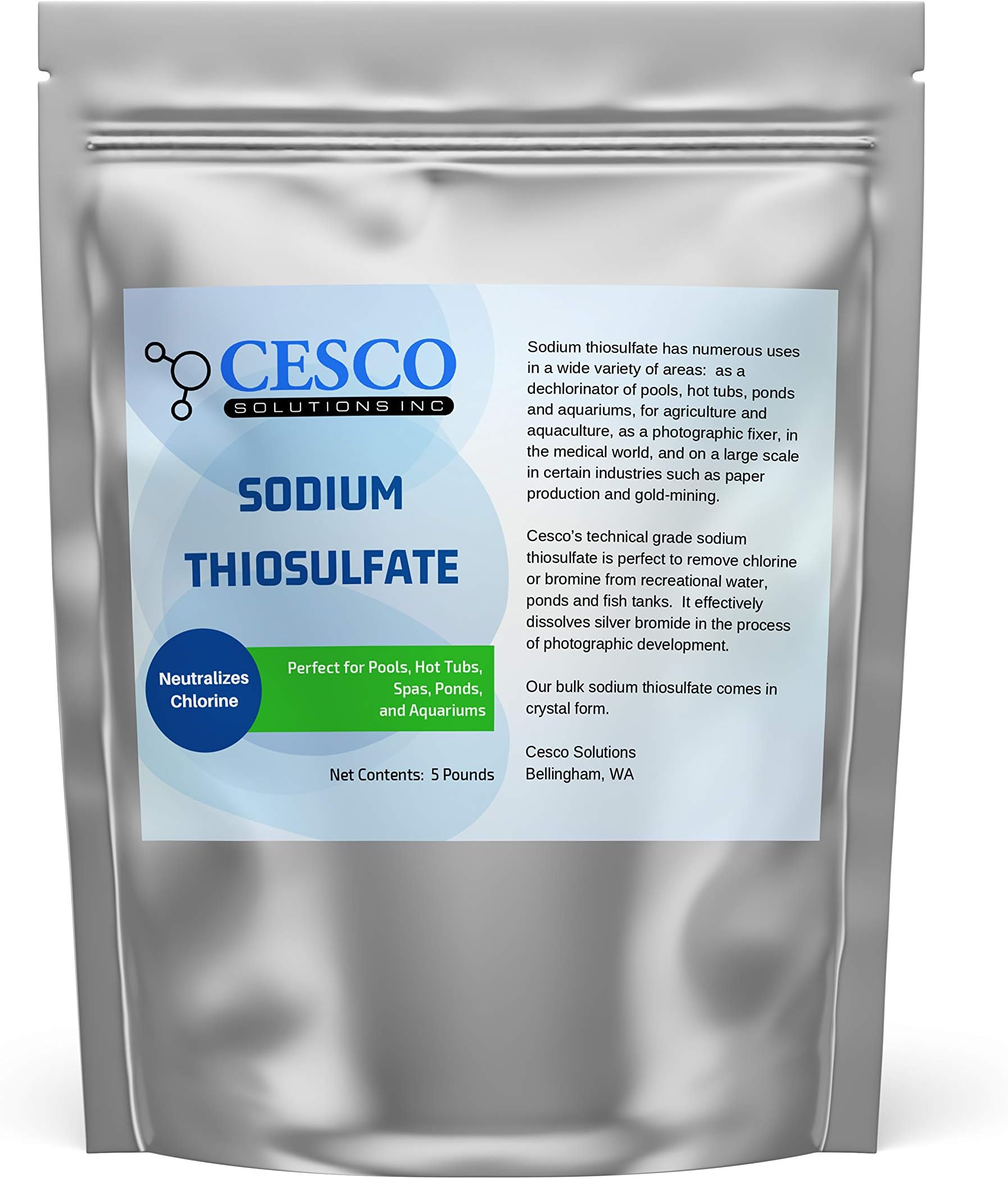 Cesco Solutions, Inc.Pool Dechlorinator Sodium Thiosulfate Pentahydrate 5 lbs by - Premium Chlorine Neutralizer for Pools, Aquarium, Pond - Technical-Grade Chlorine Remover for Hot Tubs - Bulk Packag