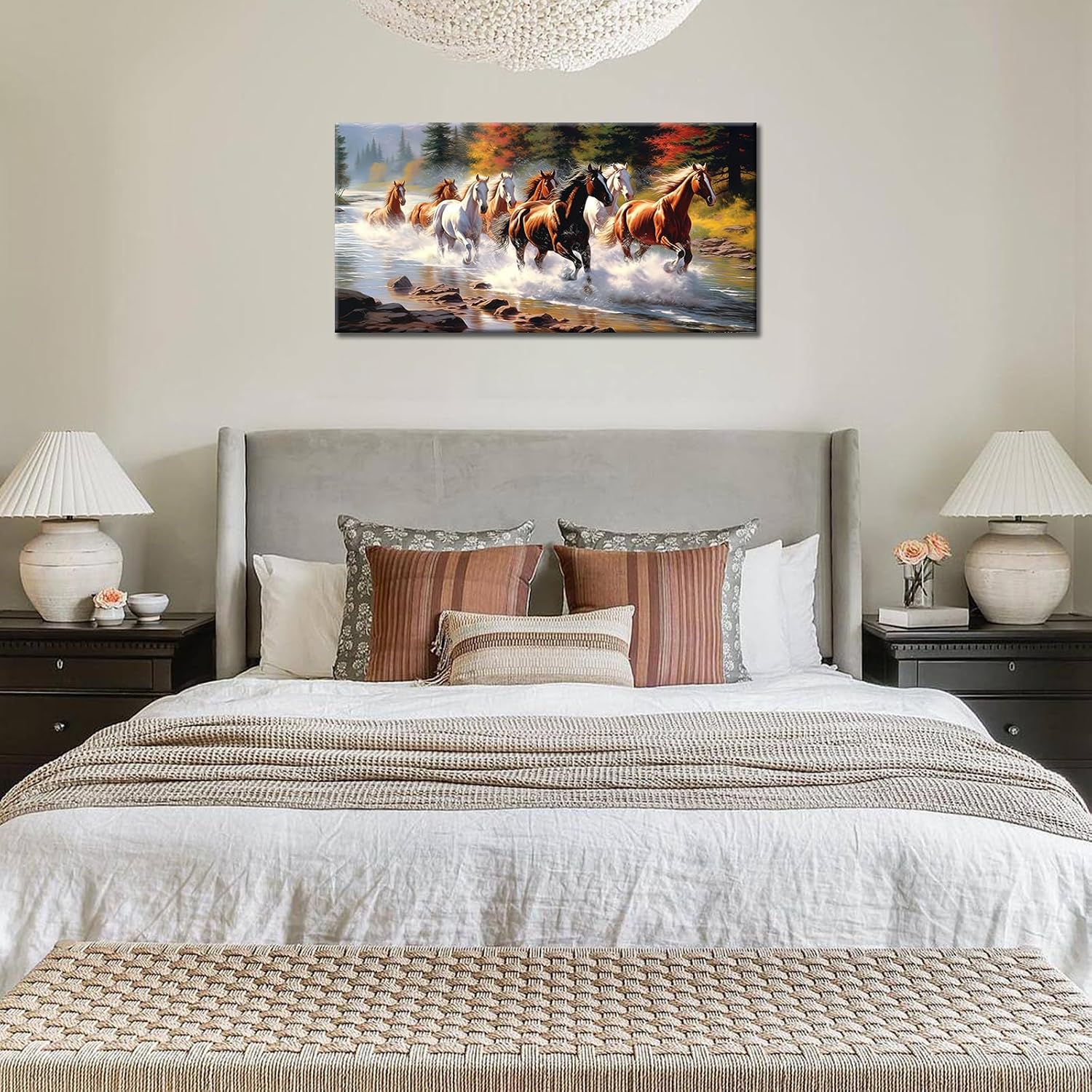 Running Horses Canvas Wall Art Mountain Stream Landscape Running Horse Painting Wild Animal Vintage Abstract Picture for Office Home Living Room Decor Framed
