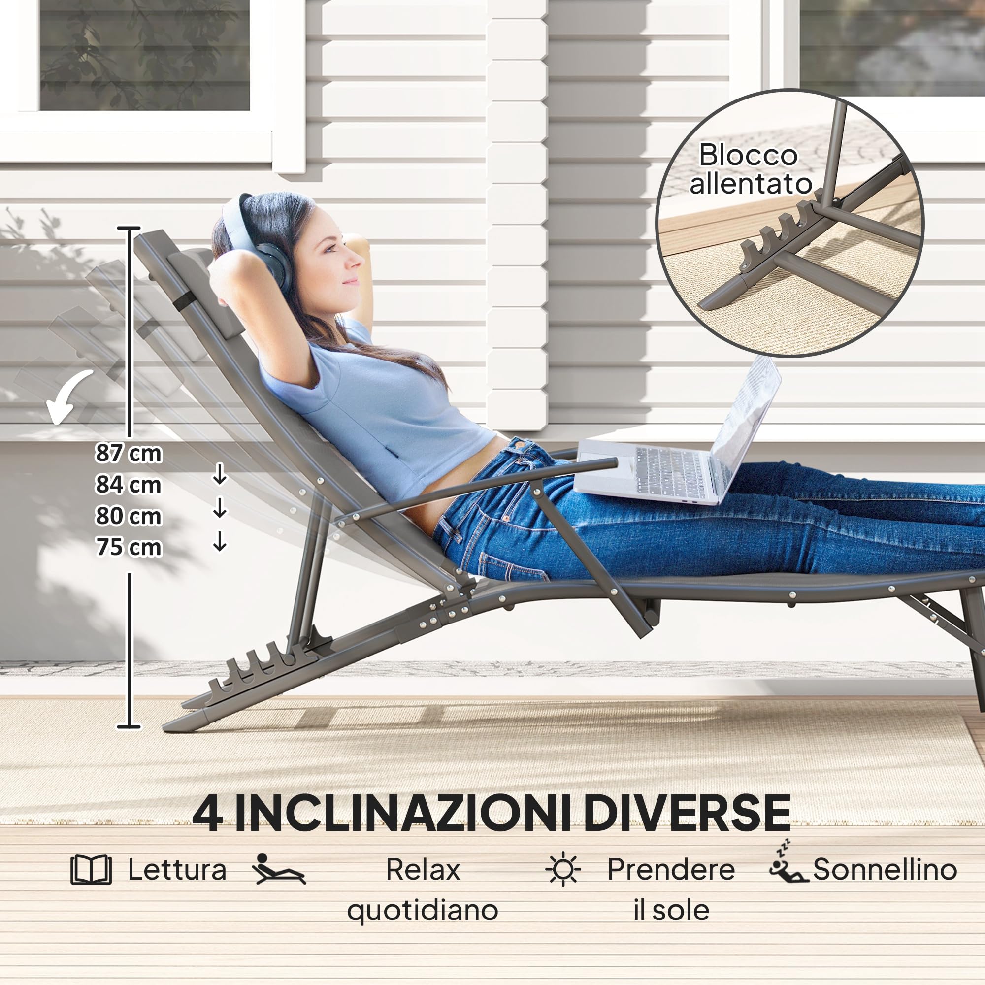 Outsunny Set di 2 Lettini Prendisole Pieghevoli 64x168x75 cm Grigio | Schienale Regolabile su 4 Livelli, Sdraio da Giardino, Seduta e Poggiatesta in Acciaio e Textilene, per Spiaggia e Piscina