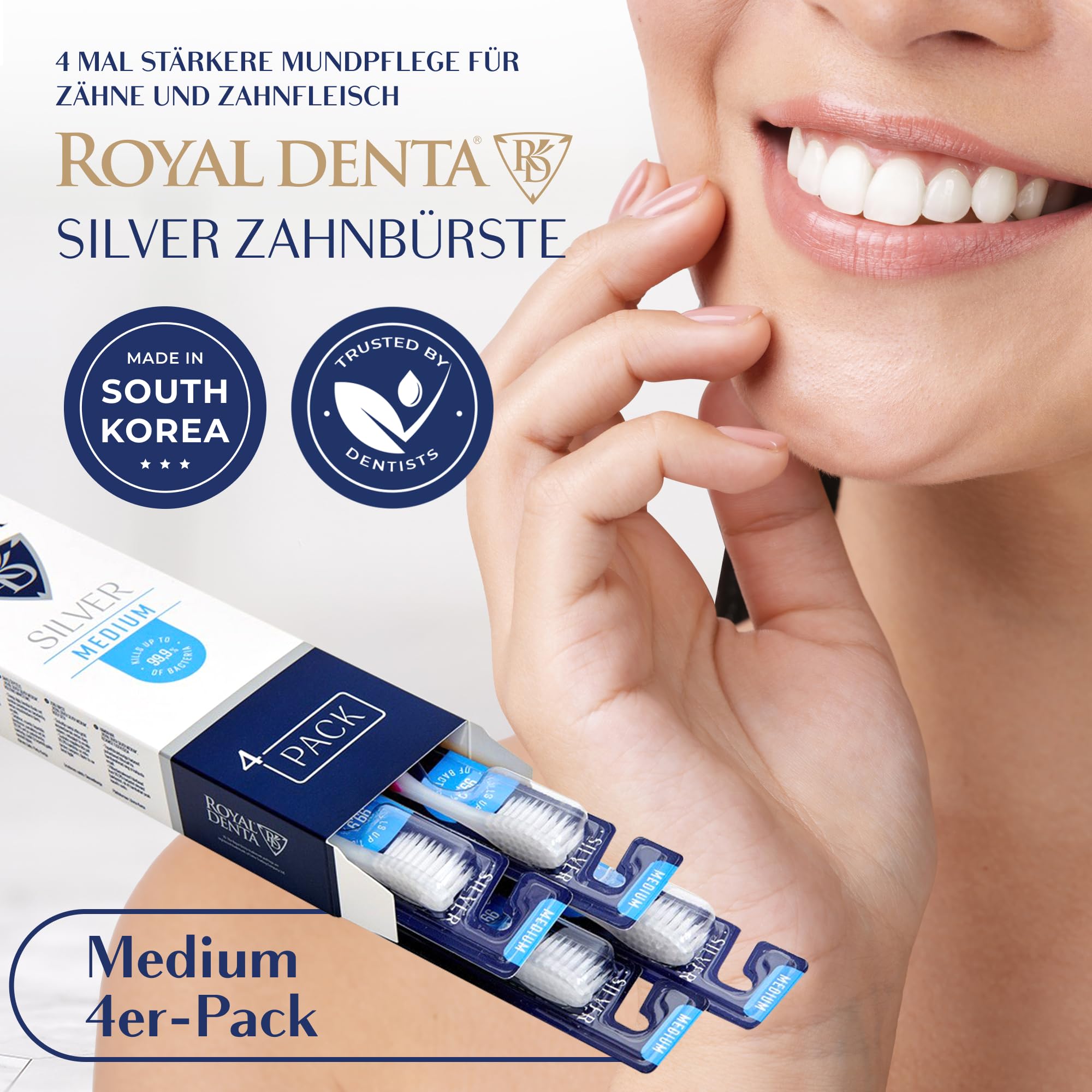 Silver Medium Zahnbürsten 4er-Pack - Doppellänge Borsten für Interdentalreinigung, Silberpartikel gegen Bakterien, Zahnsteinentfernung, Mittlere Stärke, Mehrfarbig