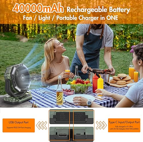 Miniatura 8 de Ventilador de camping con linterna LED ventilador de tienda de campaña recargable de 20000 mAh con batería recargable con luz y gancho pivote de 270