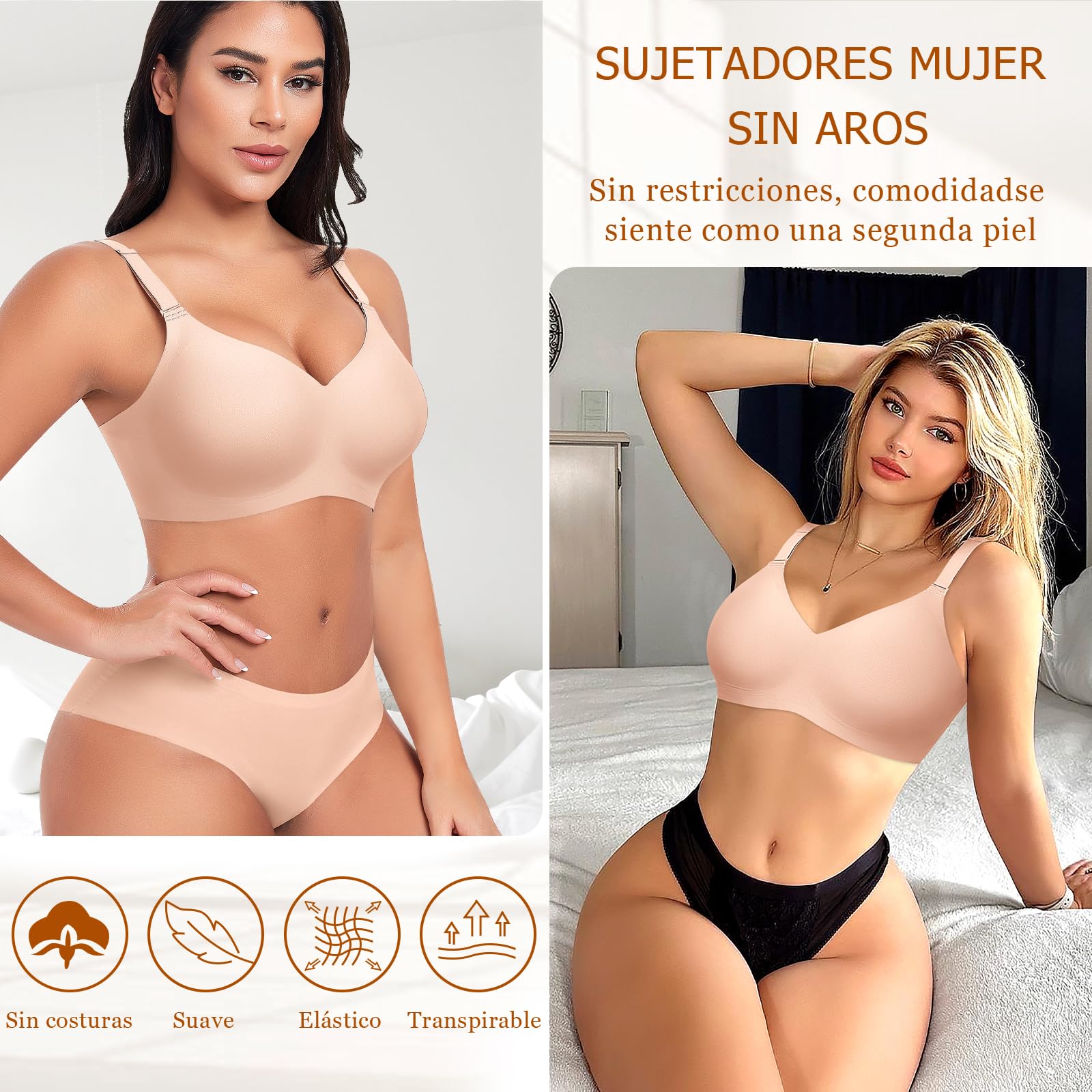 Ganado Sujetador sin Aros con Relleno Mujer Sujetadores Push Up sin Costuras Bralette Comodos Cuello V