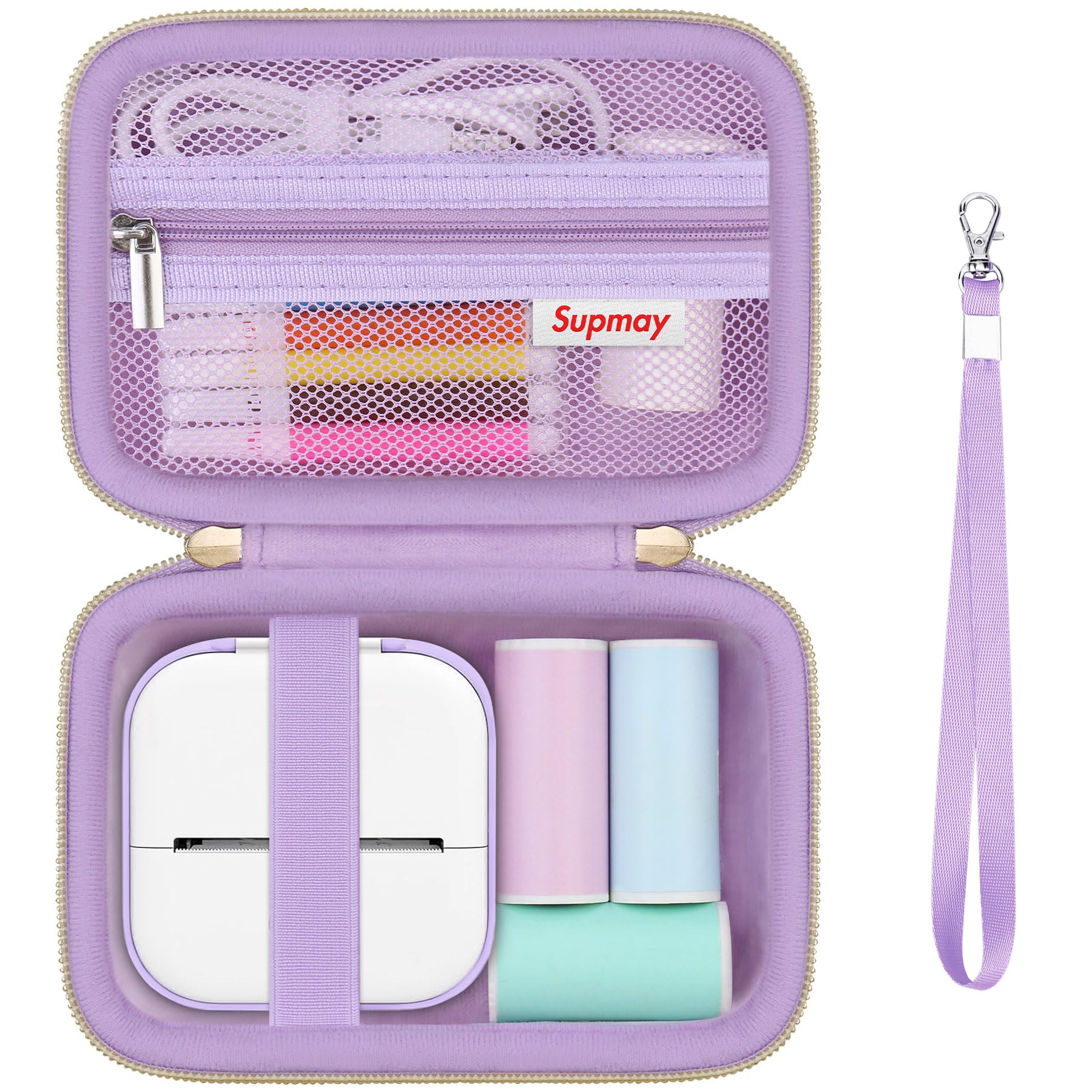 Supmay Hard Case Compatible with Memoking T02 Print Pods Mini Printer Sticker Maker, Storage Case with Mesh Pocket for T02 Mini Printer Sticker Paper, USB Cable, Purple