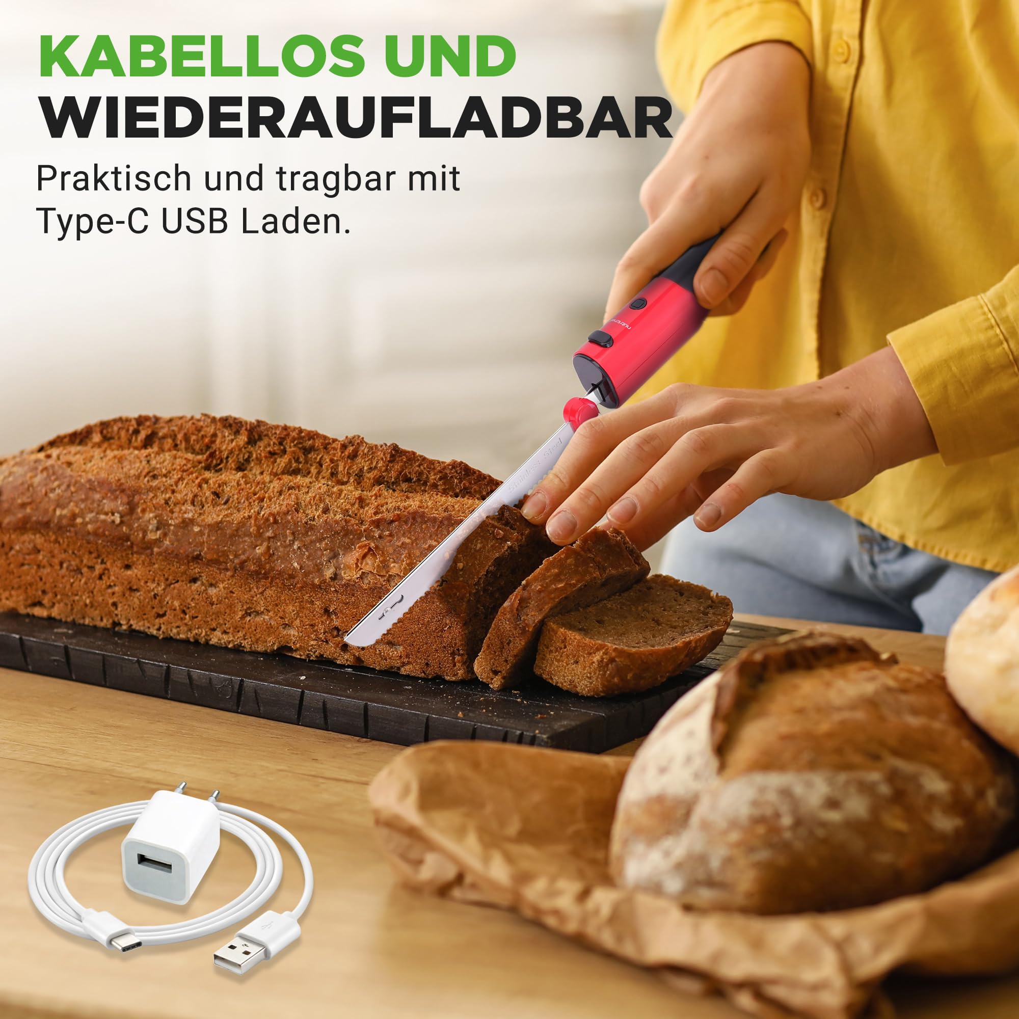 NutriChef Allesschneider Elektrisch – Kabelloses Messer mit USB-C & 29 cm Klinge für Fleisch und Brot
