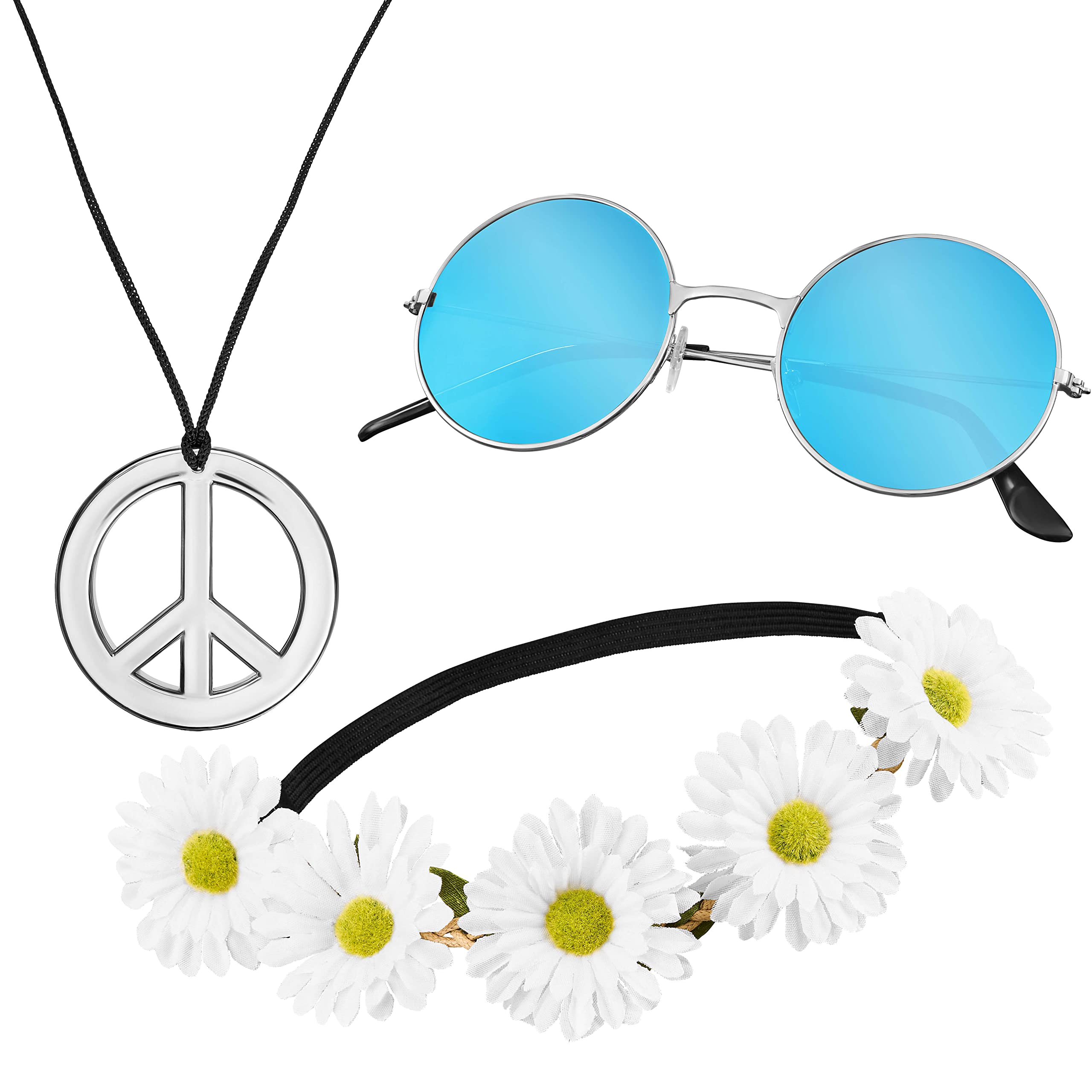 3-piece Hippie Set with Flower Headband | Peace Sign Necklace | Round Nickel Sunglasses with Blue Lenses