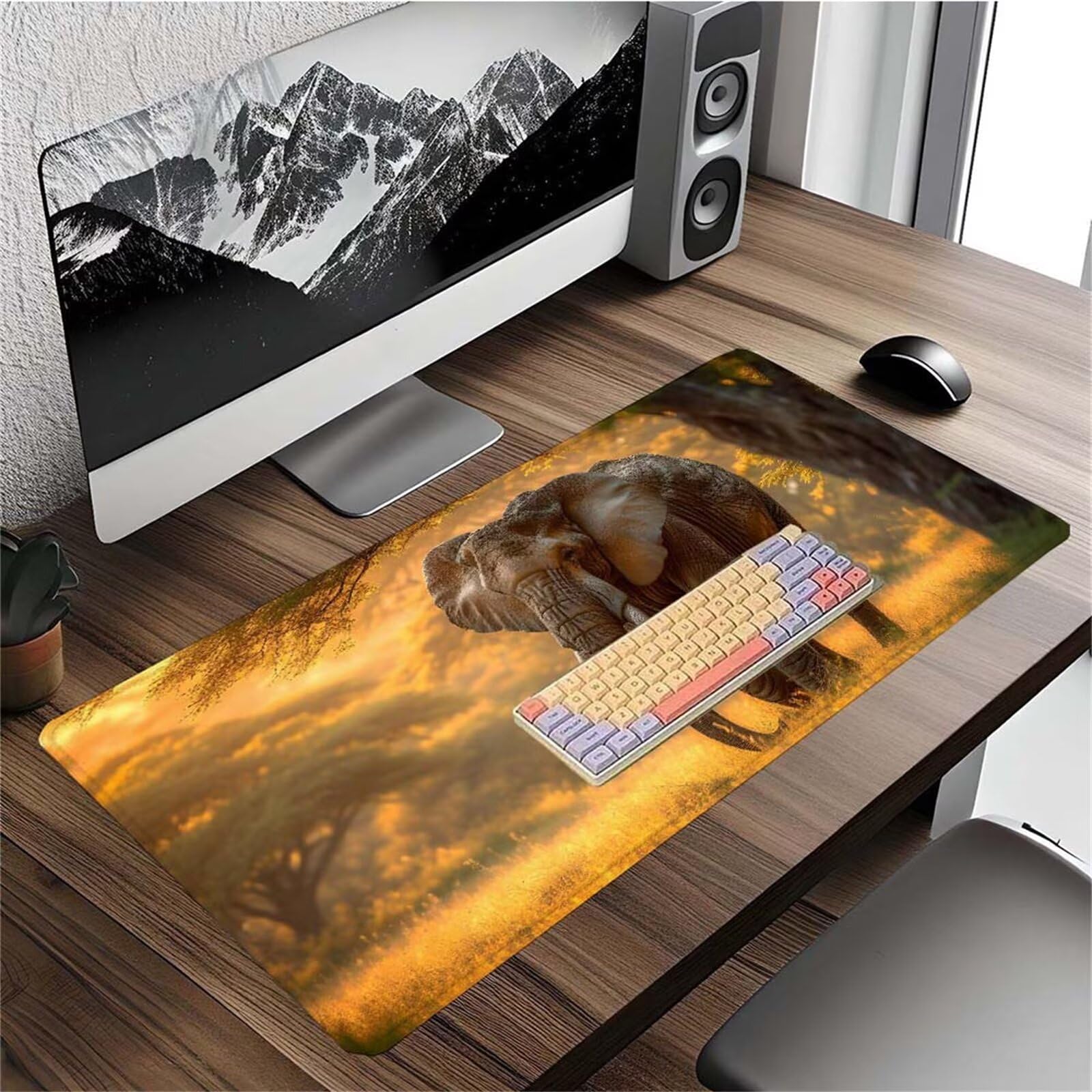 Alfombrilla Ratón Bosque Elefante Alfombrilla Ratón XXL 1400x600x3mm Mouse Pad Resiste Salpicaduras, Extendida de Gran Tamaño con Bordes Cosidos, Mejora la Precisión y la Velocidad, Duradera y-403