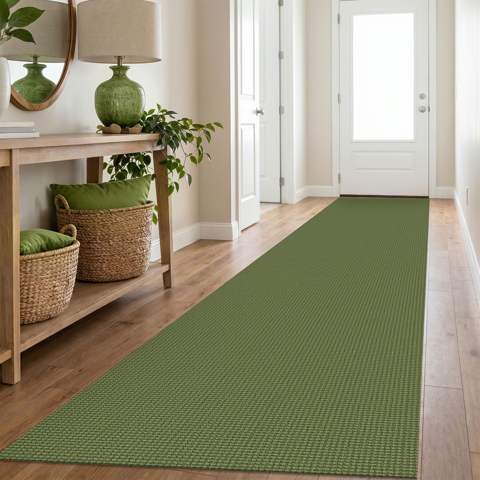 IOHOUZE Washable Exrea Long Hallway Runner Rug 3x16 Non Slip Rubber Backed Kitchen Runner Entryway Runner Indoor, Woven Rugs Floor Carpet for Kitchen Hall Entryway, Olive Green/Earthy Green