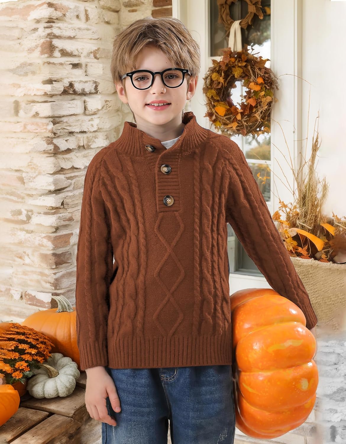 BesserBay Boys Winter Warm Cable Knit Button Down Sweaters Raglan Sleeve Mock Neck Cute Pullover 3-12 Years - Image 4