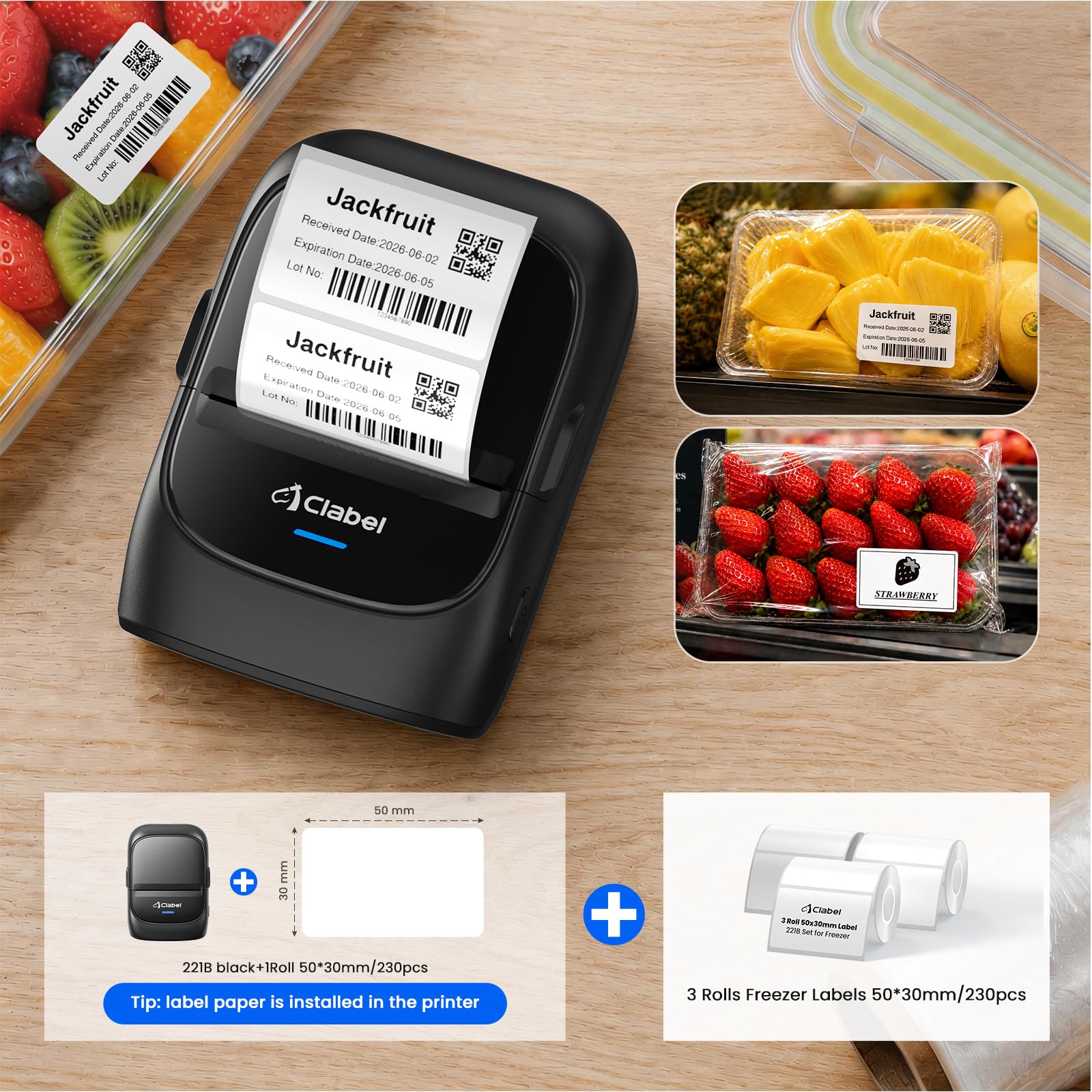 CLABEL 221B Etichettatrice Kit per Congelamento 3 Rotoli 50x30mm + 1 Rotoli 50x30mm Stampante Etichette Adesive Termica Bluetooth Portatile per Freezer Alimenti e Logistica Catena del Freddo Cucina