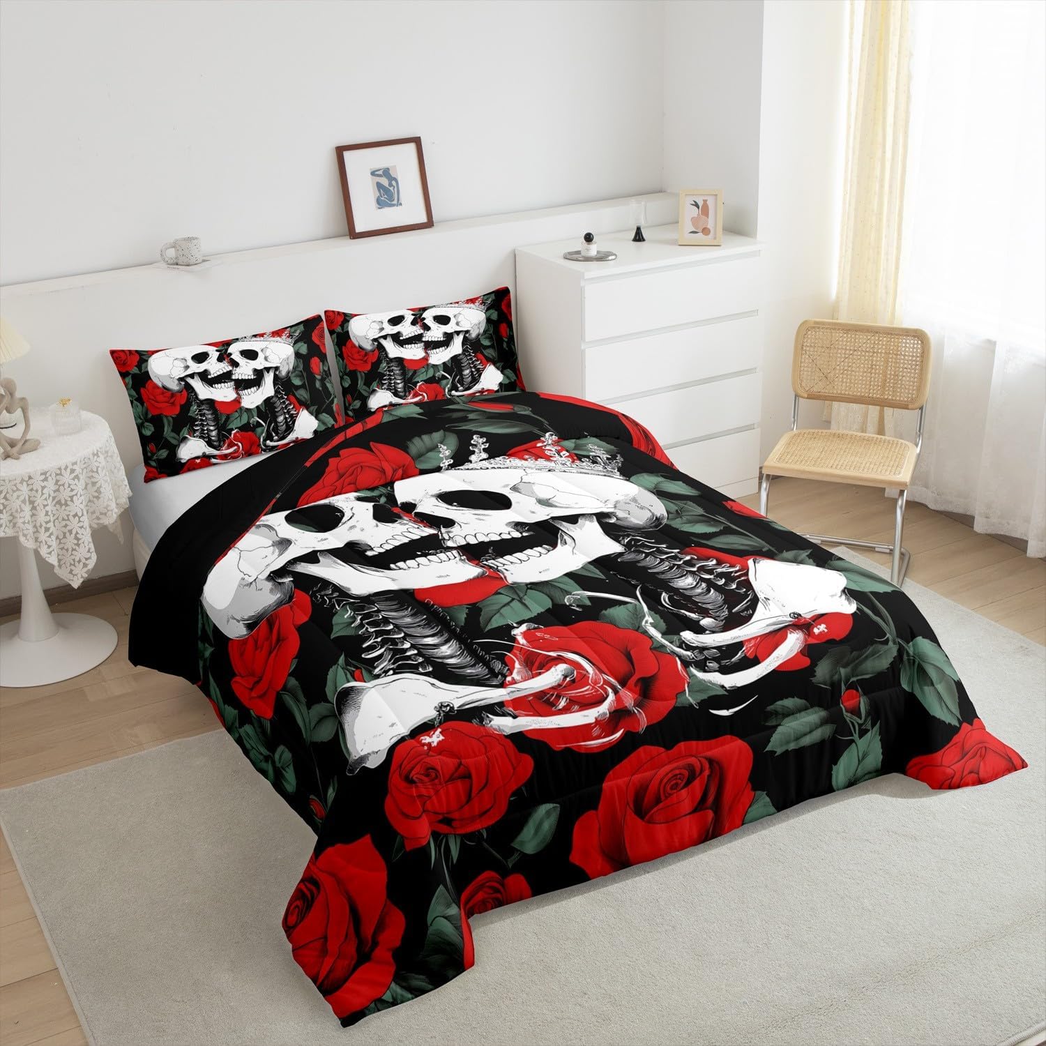 Castle Fairy King and Queen Skull Bedding Set Toddler Size Skeleton Kissing Couple Comforter Set for Women Adults Room Decor Romantic Gothic Duvet Insert Red Rose Flower Down Comforter Set,2Pcs