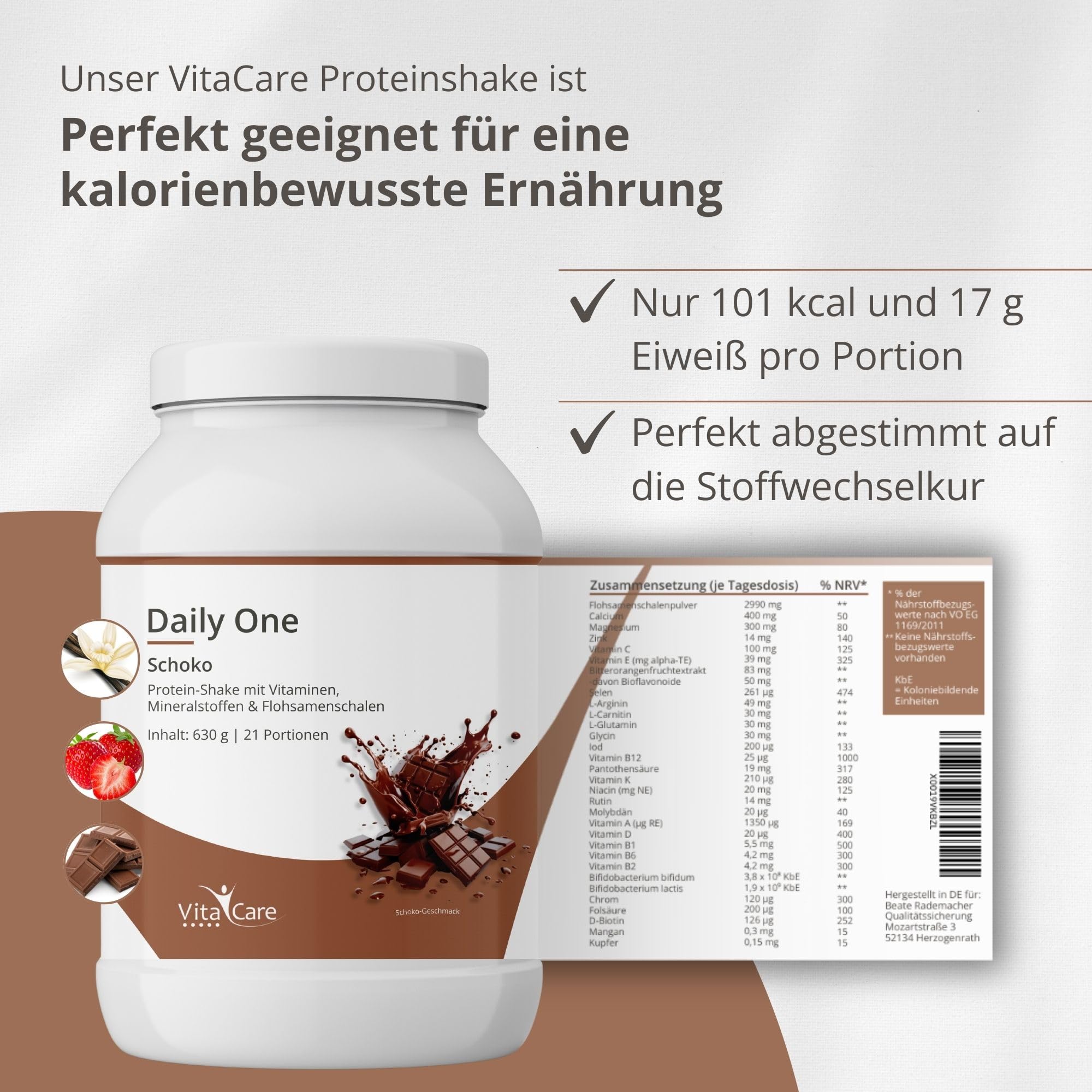 VitaCare 21-Tage Stoffwechsel-Kur Paket Schoko, 7-teiliges Komplettpaket mit Proteinshake, MSM, Multivitamin, Omega 3 plus, OPC & Globuli