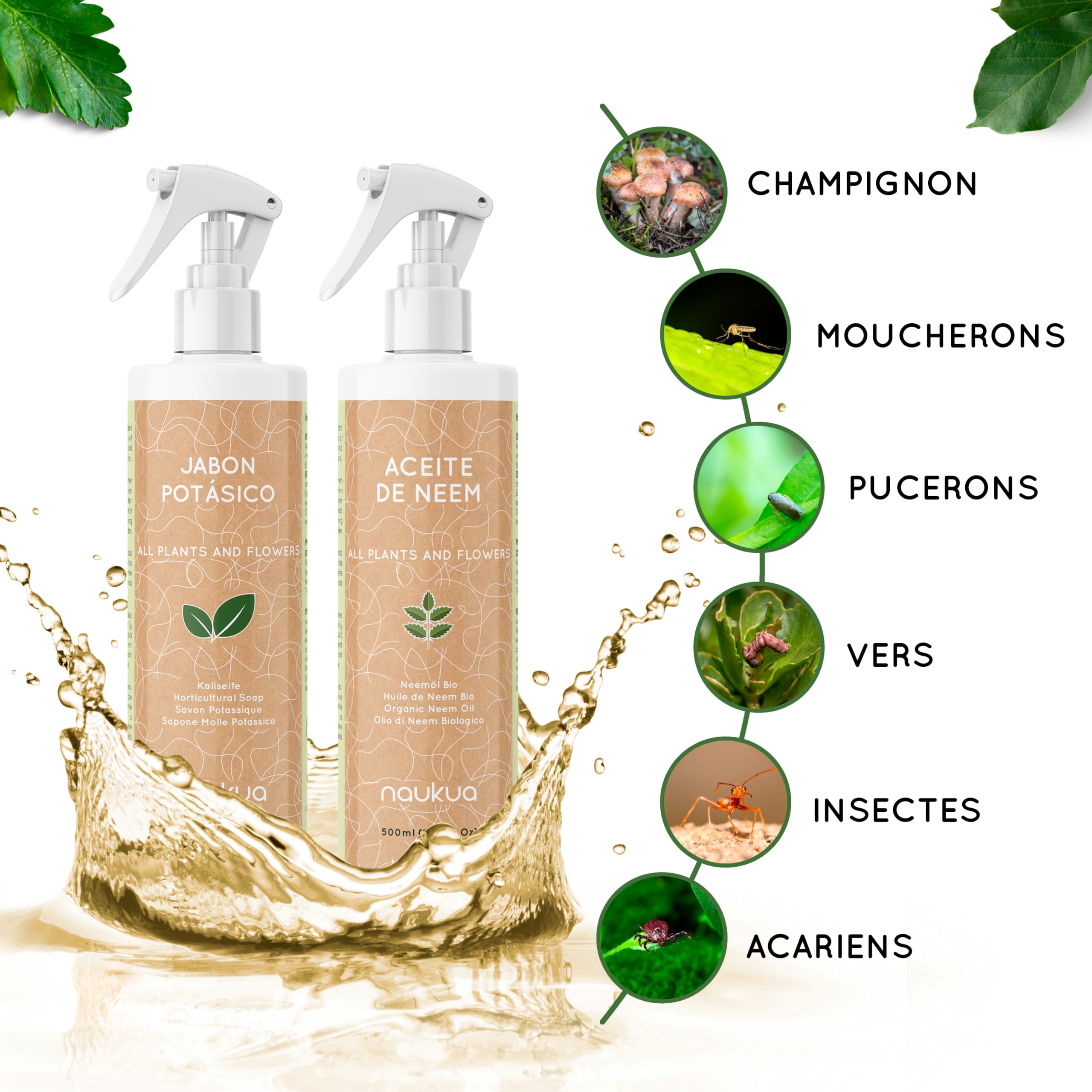 Paquet 2x1 - Savon à l'huile de Neem et au Potassium - 100% Naturel Ecologique - Active Les défenses Naturelles des Plantes d'intérieur et d'extérieur - Spray Prêt à l'emploi, 500 ML chacun