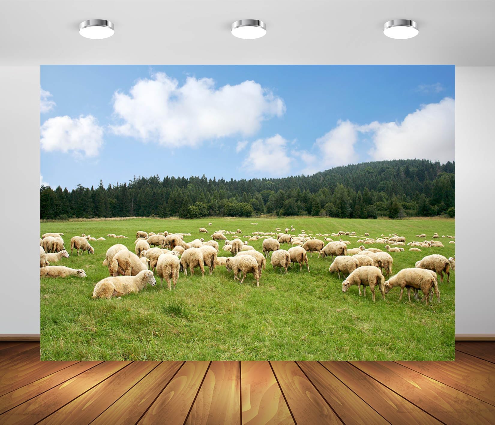 BELECO 7x5ft Fabric Rural Sheep Pasture Backdrop Flock of Sheep Lamb Grazing, Green Farm Meadow Hills Shepherd Photography Background for Party