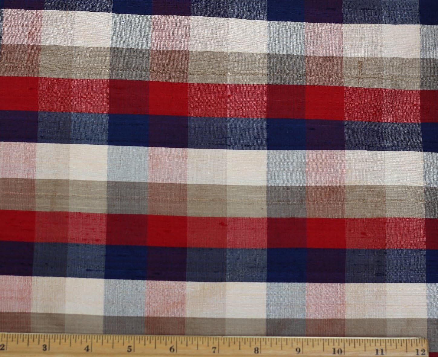 Red & Beige & Blue Dupioni Plaids, 100% Silk Fabric, by The Yard, 44" Wide